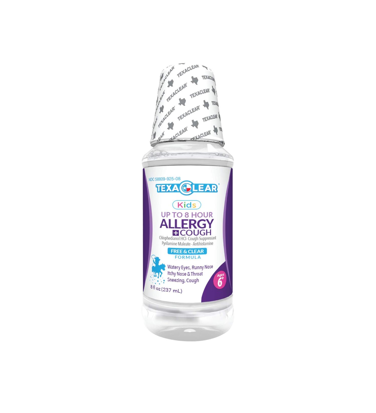 TexaClear Kids Allergy and Cough Liquid 8 Hour Relief - Gluten-Free, Alcohol-Free, Dye-Free - Ages 6+ (8oz) - Buy Online on GoSupps.com