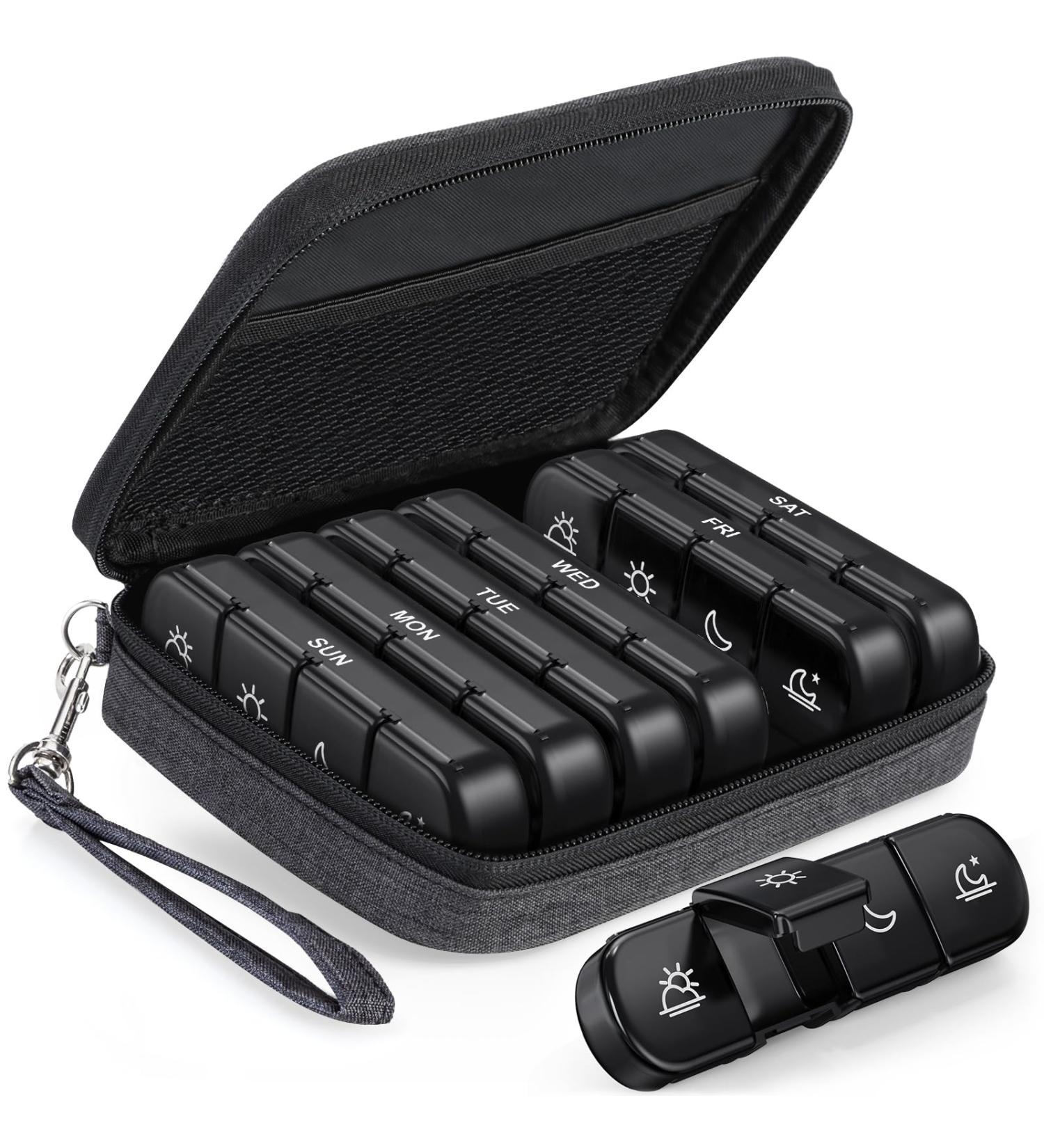 PULIV Weekly Pill Organizer - 7 Day Portable Pill Box with Stylish Bag 28 Compartments for Vitamins & Supplements - Ideal for Men - Buy Online on GoSupps.com