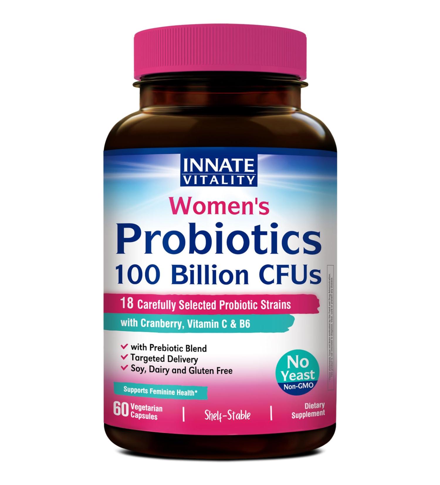 Innate Vitality Probiotics for Women 100 Billion CFUs 18 Strains Prebiotics and Probiotics with Cranberry Vitamin C & B6 P5P Vaginal & Digestive Health Non refrigerated 60 Caps - Buy Online on GoSupps.com
