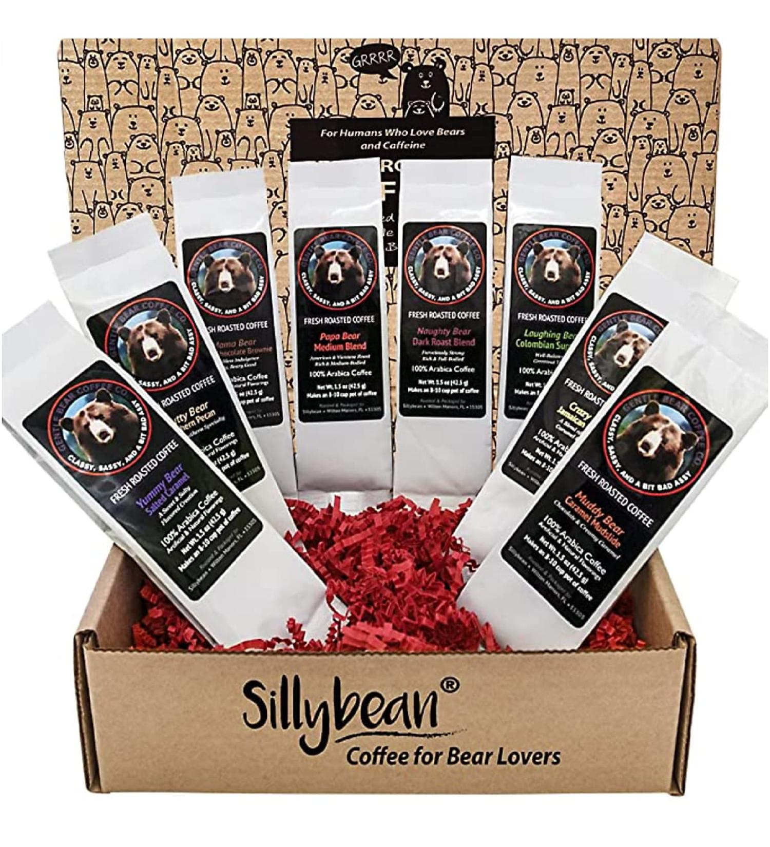 Sillybean Papa Bear Moma Bear Ground Coffee Sampler Gift Box | 8 Bear-Themed Flavors | Fresh Roasted Coffees for Coffee Lovers | Fun and Funny Labels - Buy Online on GoSupps.com