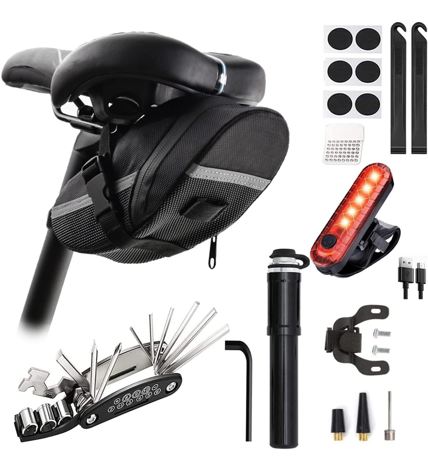 AaiLucky Bicycle Saddle Bag with LED Tail Light, Repair Kit, Pump, Multitool, Tyre Lever | Large Waterproof Bag for Road, MTB, BMX Bikes - Buy Online on GoSupps.com
