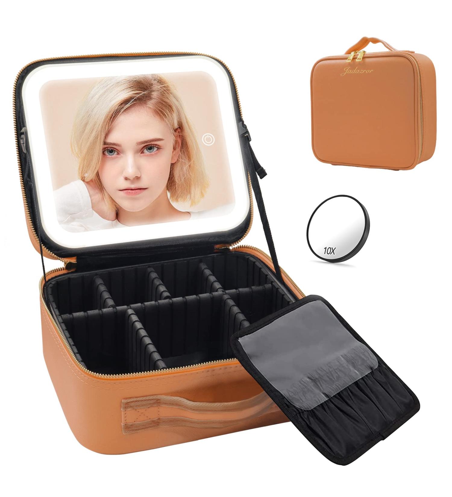 Jadazror Lighted Makeup Case with Mirror & Lights, Brown Travel Bag with Partitionable Design and 10X Magnifying Mirror - Buy Online on GoSupps.com