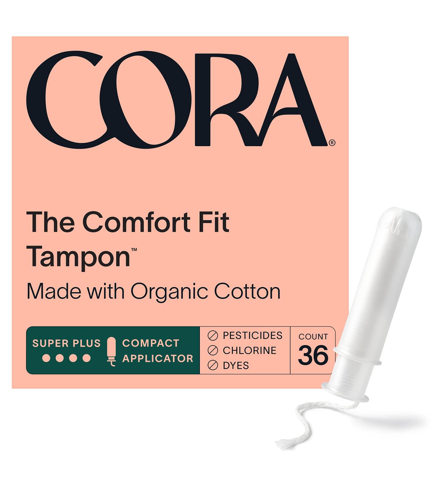 Cora Organic Super Plus Applicator Tampons - 36 Count | 100% Cotton Core | Unscented & BPA-Free | Leak Protection & Easy Insertion | Non-Toxic - Buy Online on GoSupps.com