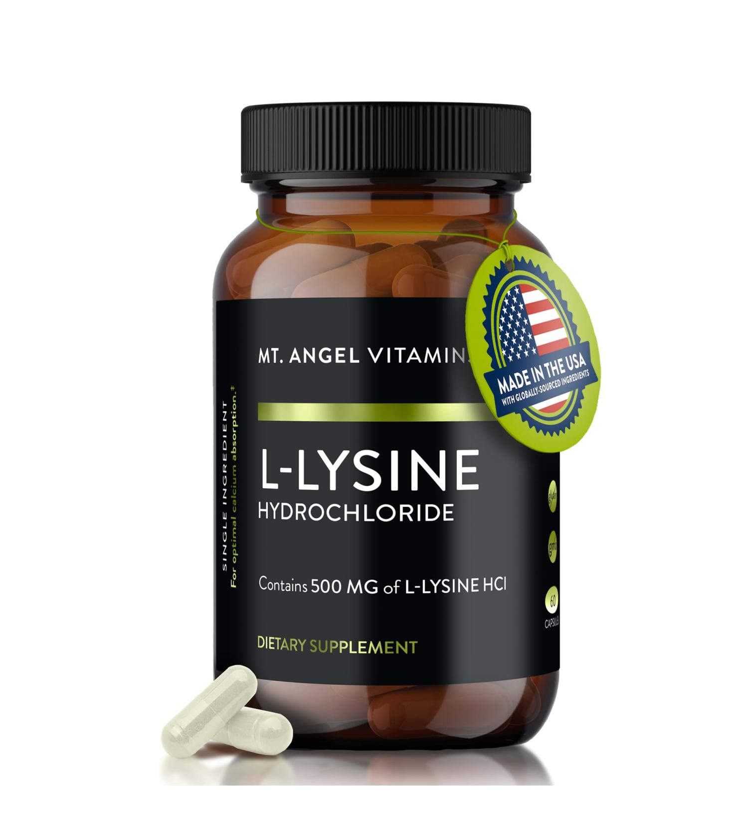 Mt. Angel Vitamins - Premium L-Lysine 500mg Capsules Vegan-Friendly Essential Amino Acid Supports Immune System & Collagen Formation Non-GMO 60 Capsules 60 Count (Pack of 1) - Buy Online on GoSupps.com