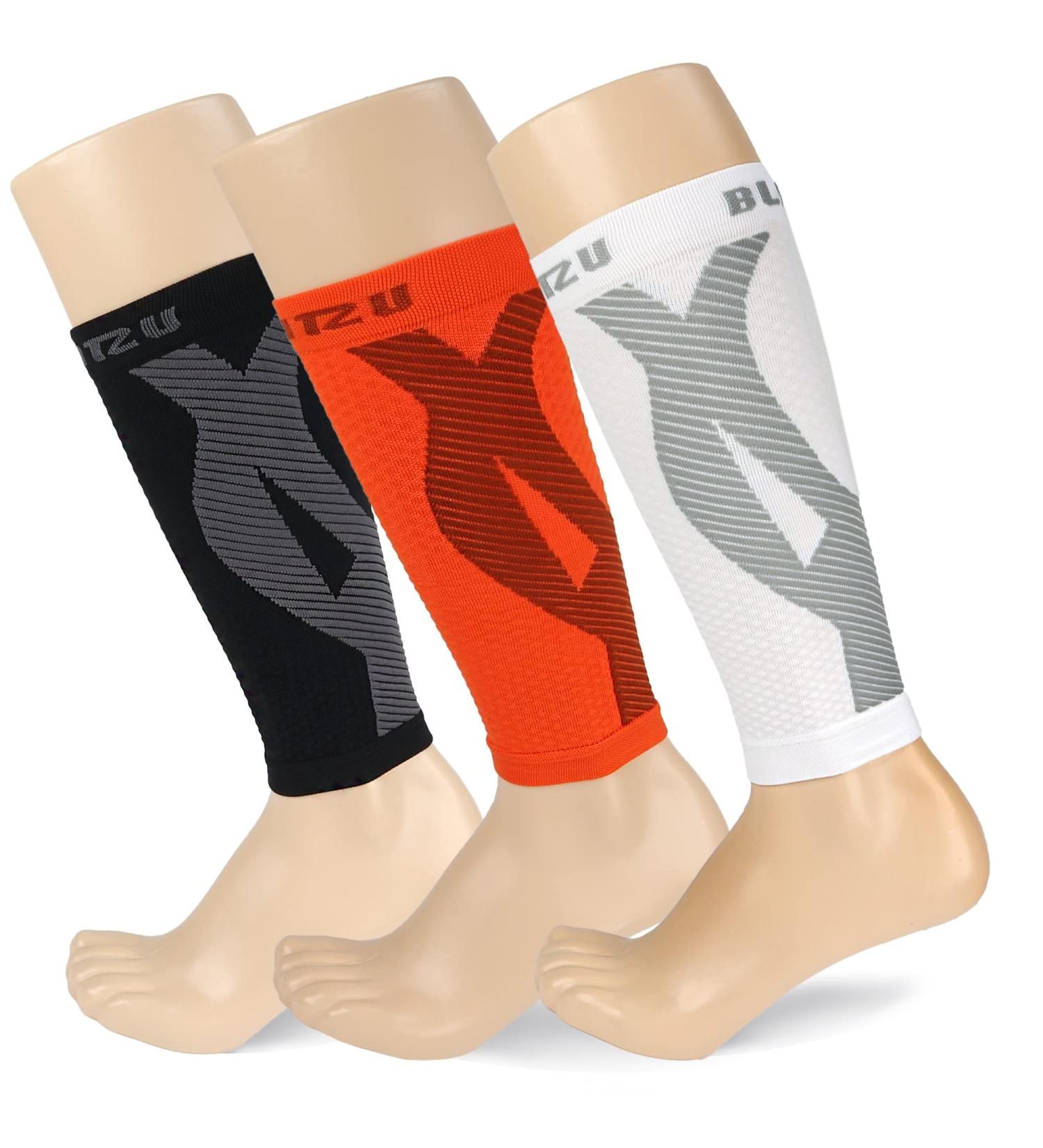 BLITZU 3 Pairs Calf Compression Sleeves Size L-XL for Men and Women - Orange, Black, White - Leg Support for Calf Pain & Shin Splints | Footless Compression Socks - Buy Online on GoSupps.com