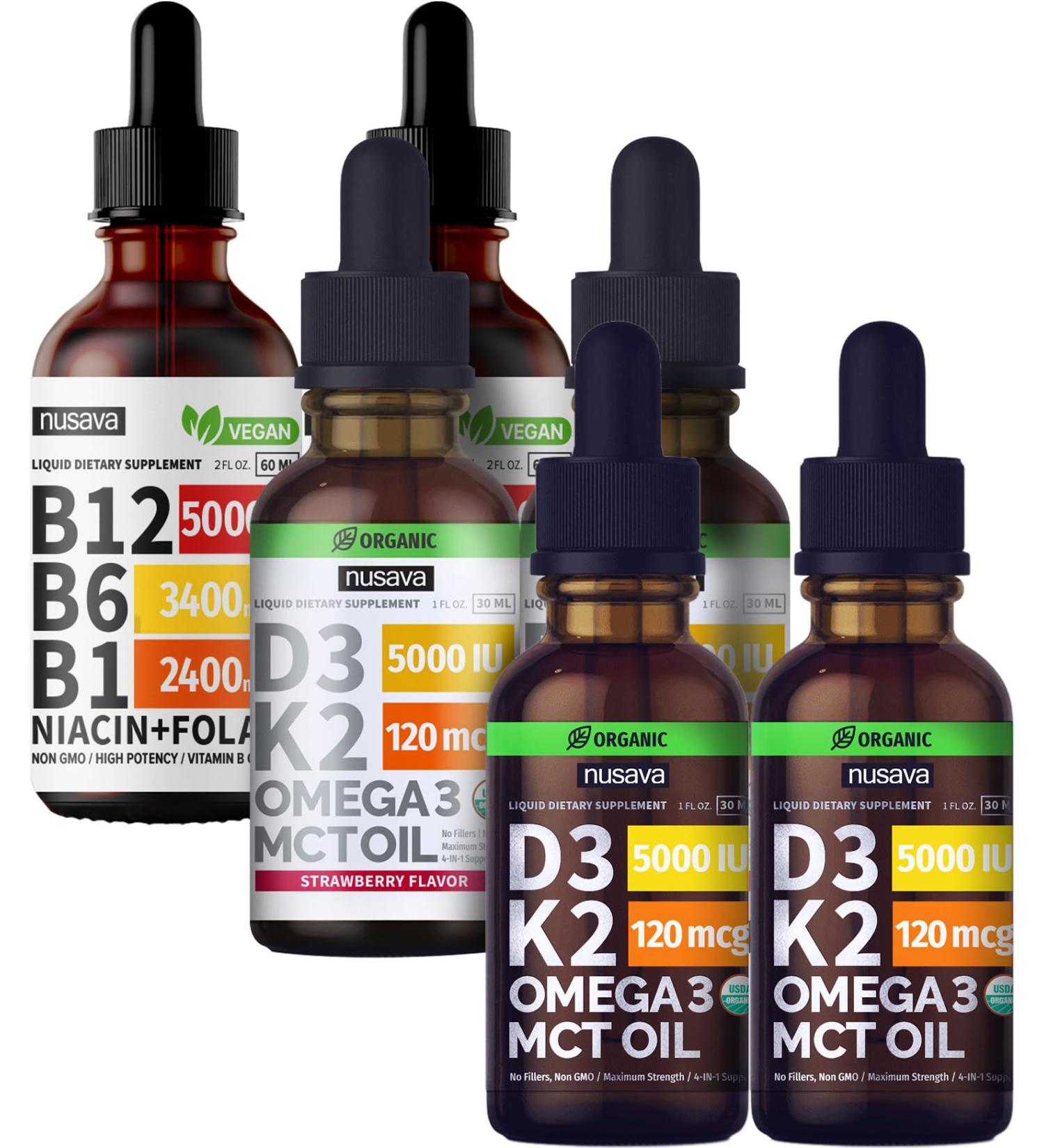 NUSAVA Unflavored D3 K2, Strawberry Flavored D3 K2, & Vitamin B12 Liquid Drops Bundle - Potent Liquid Vitamins for Heart, Joint, Energy, & Immune Support - Non-GMO, Gluten-Free, 2pk Each - Buy Online on GoSupps.com