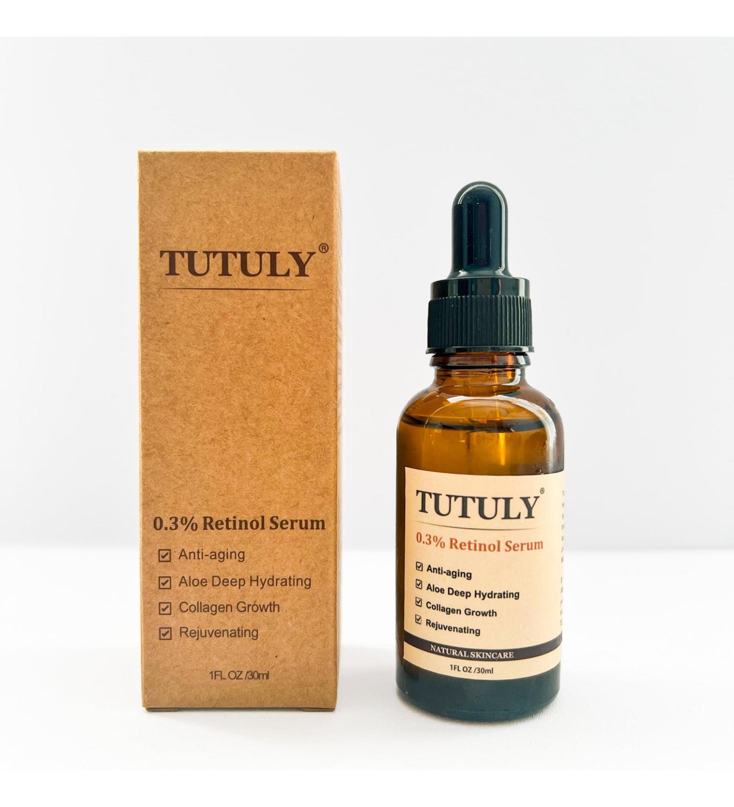 TUTULY Retinol Serum 0.3% with Natural Extracts | Aloe Vera Honey Vitamin E Elastin Hyaluronic Acid | Anti-Aging Wrinkle Prevention Increase Elasticity 30ml - Buy Online on GoSupps.com