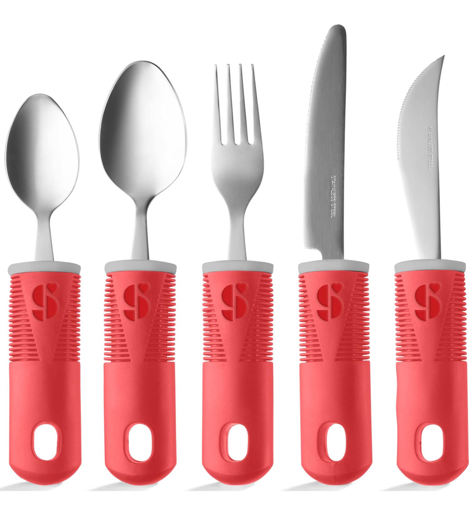 Special Supplies Adaptive Utensils (5-Piece Set) for Hand Tremors, Arthritis, Parkinson's, and Elderly - Non-Weighted, Non-Slip Handles - Stainless Steel Knives, Fork, Spoons - Red - Buy Online on GoSupps.com