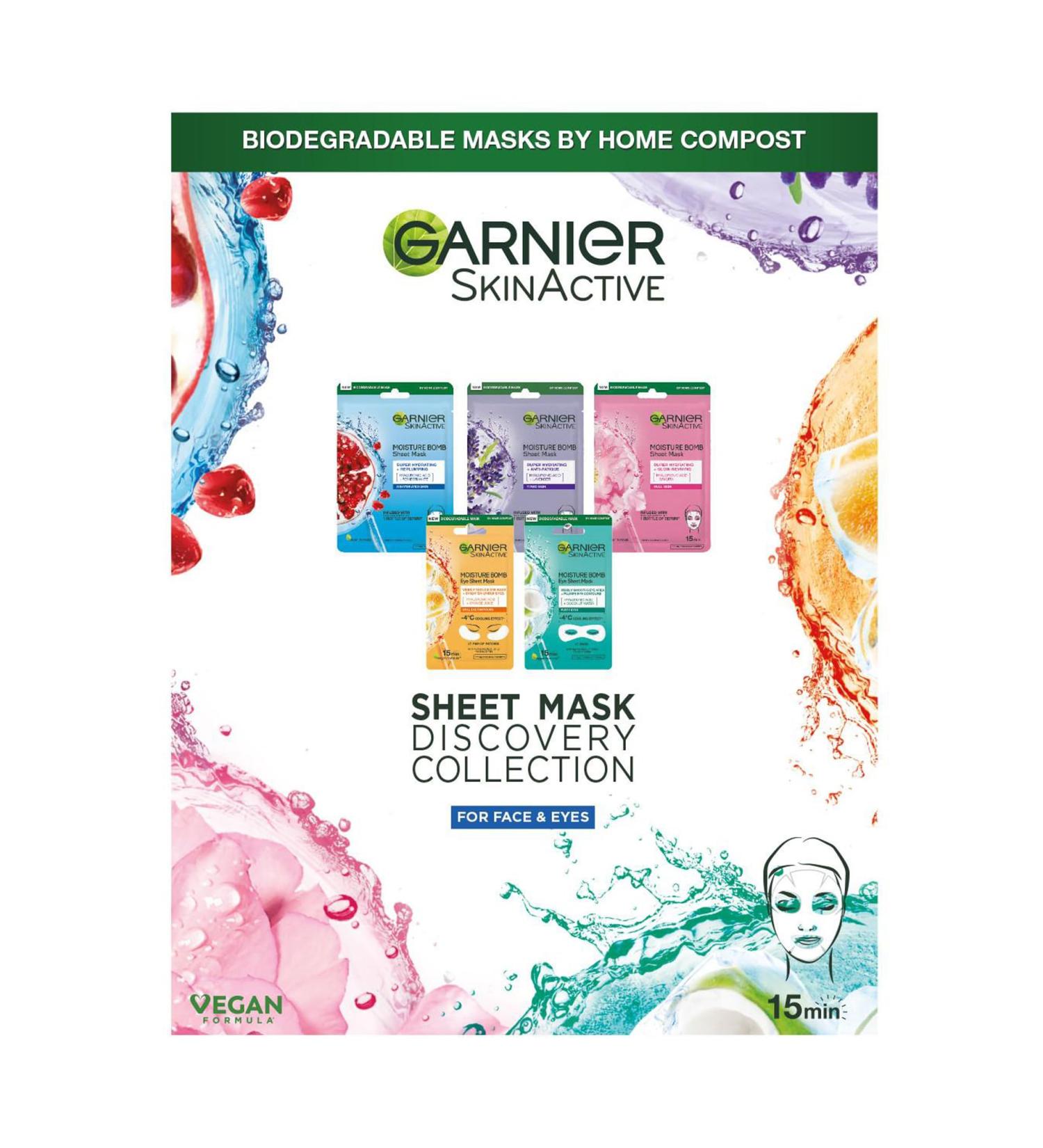 Garnier Sheet Mask Discovery Collection Face & Eye Sheet Masks for Dehydrated Dull and Tired Skin With Hyaluronic Acid and Glycerine Skin Active Pack of 5 Discovery Collection Face & Eye Sheet Mask - 5 pack - Buy Online on GoSupps.com
