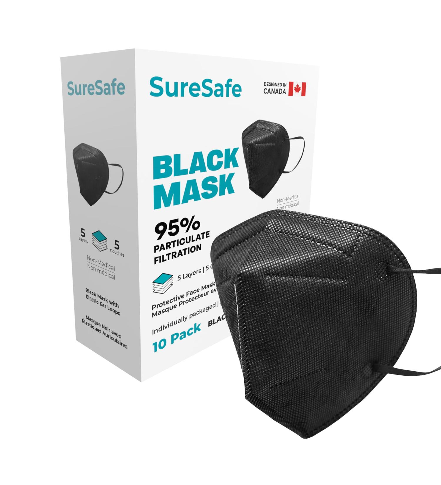 SURESAFE 10 Pack Black Mask - 5 Ply Face Mask Masks Disposable for Adult With Adjustable Ear Loops & Nose Bridge Dust Mask - Buy Online on GoSupps.com