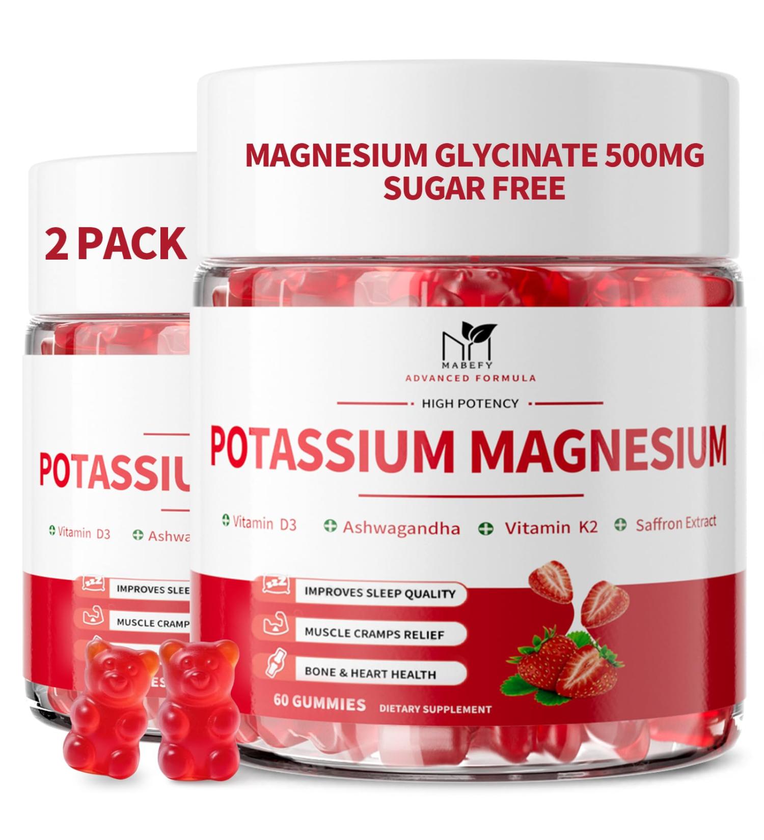 2 Pack Potassium Magnesium Gummies Sugar Free Potassium Supplement Magnesium Glycinate 500mg Ashwagandha Vitamins D3 C B6 Calcium & Zinc for Sleep Leg Cramps & Muscle Relaxation-120 Count Strawberry 60 Count (Pack of  - Buy Online on GoSupps.com