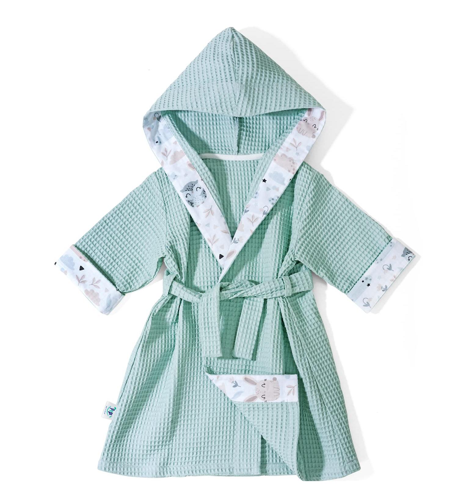 Pepi Unisex Children's Bathrobe - 100% Cotton Hooded Robe for Boys & Girls | Forest Friends Sea Mint - Made in Poland - Buy Online on GoSupps.com