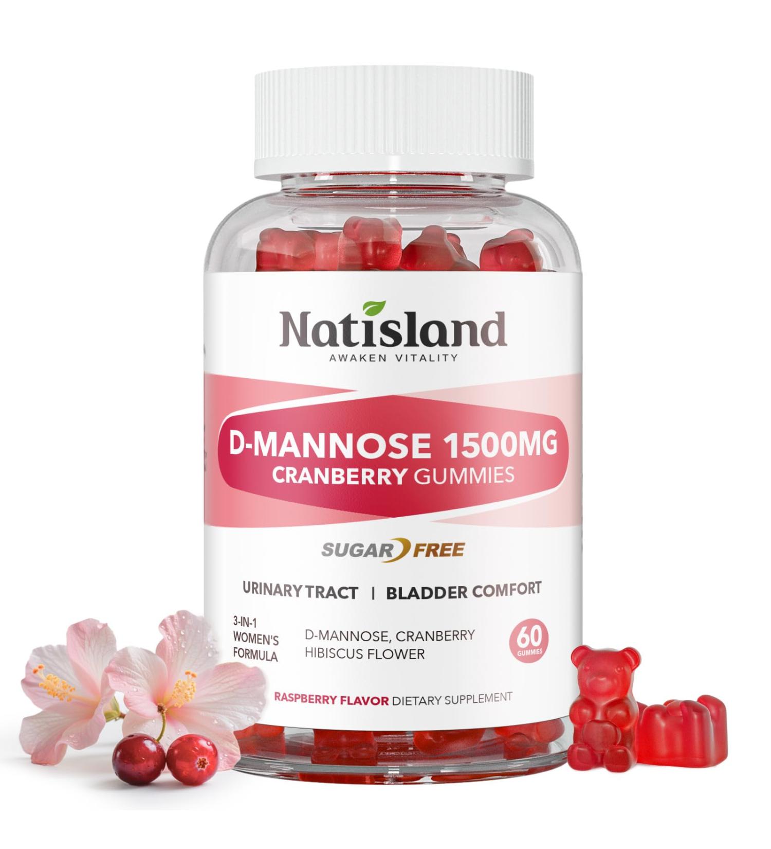 NATISLAND D Mannose with Cranberry Gummies D-Mannose Supplements 1500mg for Women with Hibiscus for Urinary Tract Health Bladder Liver Support Sugar-Free Vegan Raspberry Flavor 60 Count - Buy Online on GoSupps.com