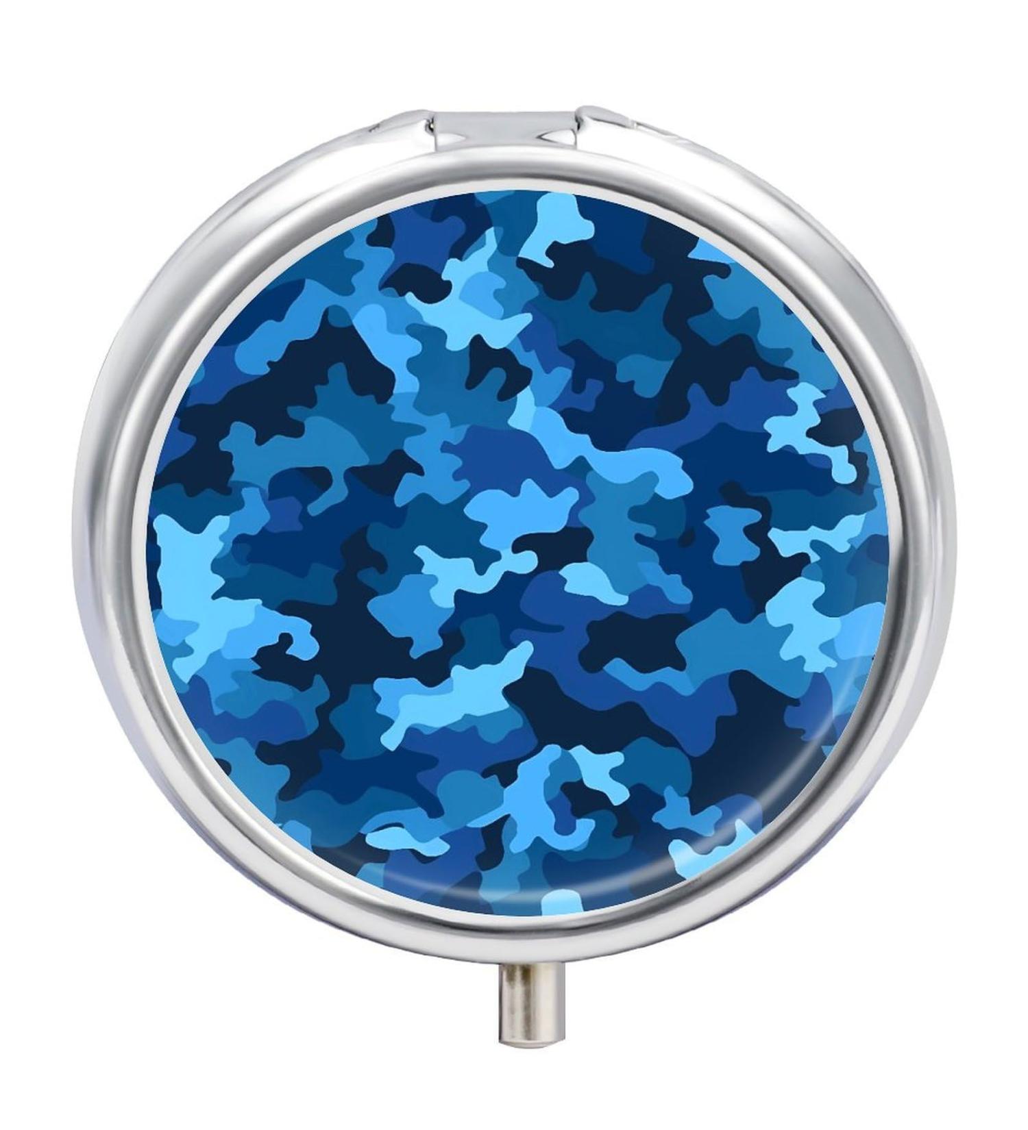 Blue Camo Round Pill Box | 3 Compartment Portable Medicine Organizer | Decorative Metal Pocket Pill Case - Buy Online on GoSupps.com
