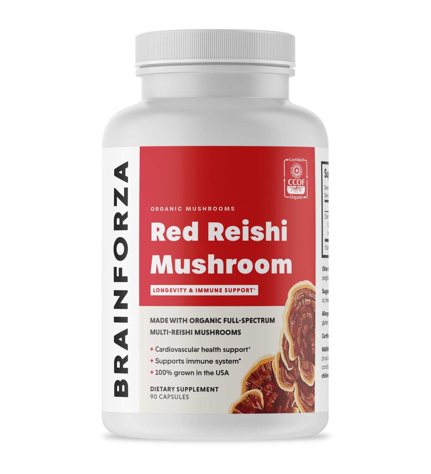 Brain Forza Organic Red Reishi Mushroom Capsules - Immune Support & Cardiovascular Health - 90 Vegan Capsules - Buy Online on GoSupps.com