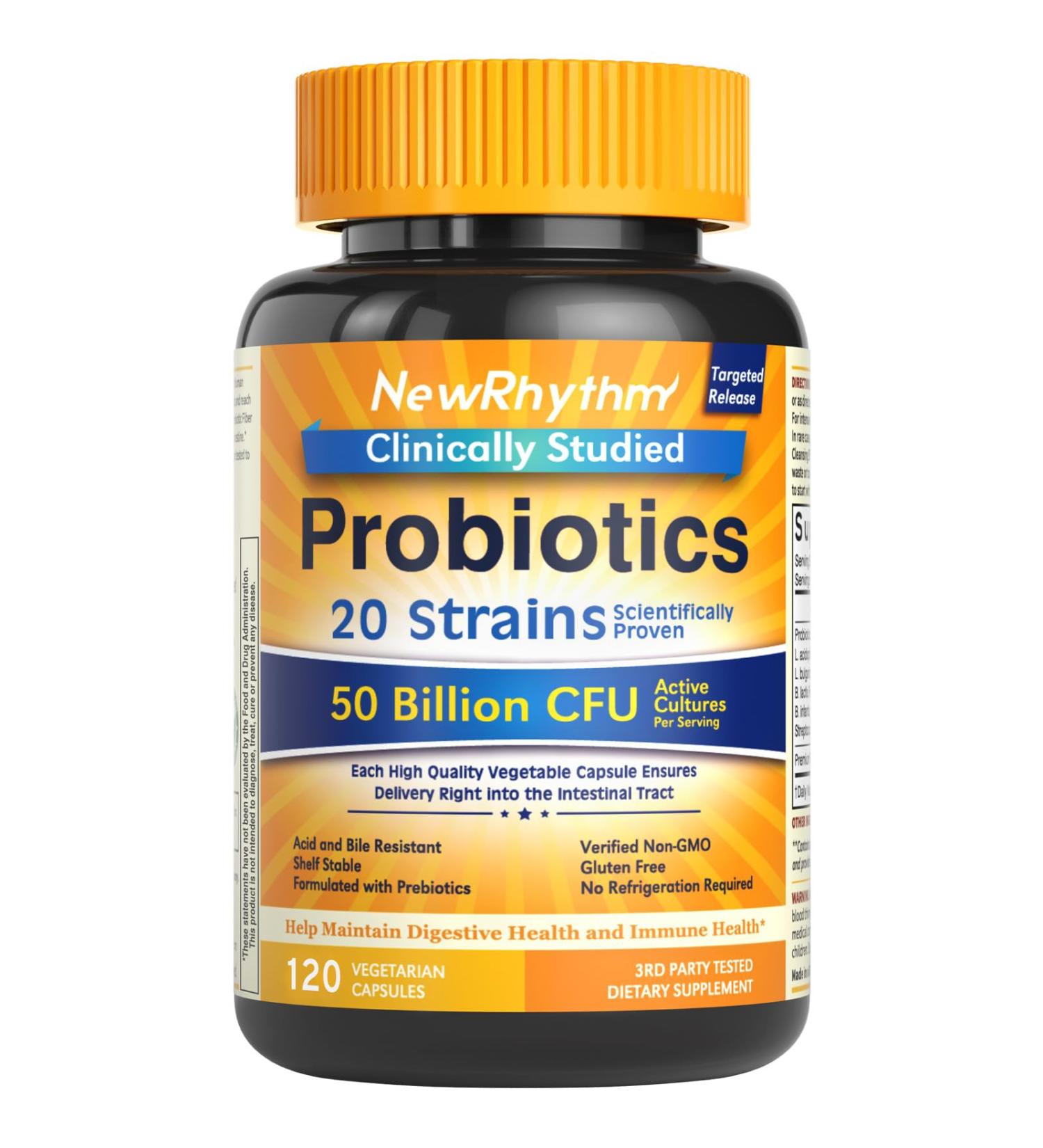 NewRhythm Probiotics 50 Billion CFU 20 Strains 120 Veggie Capsules Targeted Release Technology Stomach Acid Resistant No Need for Refrigeration Pack of 1 Non-GMO Gluten Free 120 Count (Pack of 1) 50 Billion CFU (120 Count) Probiotics - Buy Online on GoSupps.com