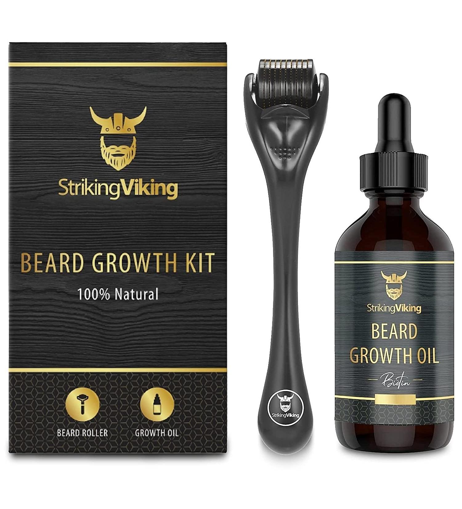 Striking Viking Beard Growth Kit: Beard Roller & Biotin Oil Set for Thickening and Conditioning Beards - Sandalwood Scented - Men's Facial Hair Growth Essentials - Buy Online on GoSupps.com