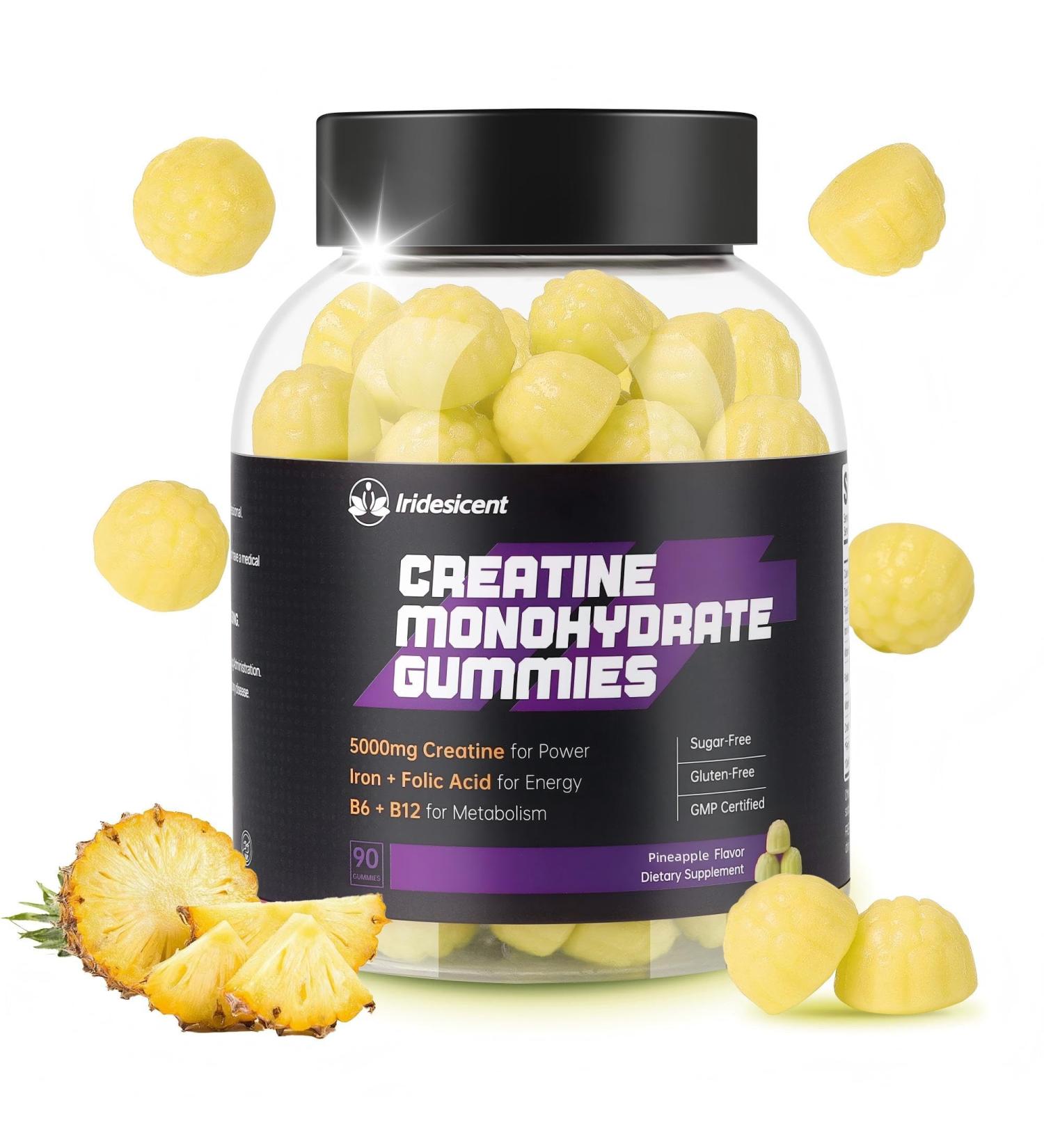 IRIDESICENT Creatine Monohydrate Gummies 5000mg w/Iron Vitamin B6 & B12 Sugar Free 5g Creatine Supplements for Women - 90 Pineapple Gummies - Buy Online on GoSupps.com