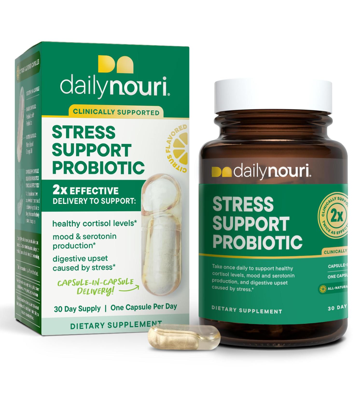 Daily Nouri Stress Support Probiotic for Women & Men | Supports Cortisol Management Stress Relief Mood Digestion & Gut Health | 3 Clinically Studied Strains + Vegan Omega Oil | 30-Day Supply 30 Count (Pack of 1) - Buy Online on GoSupps.com