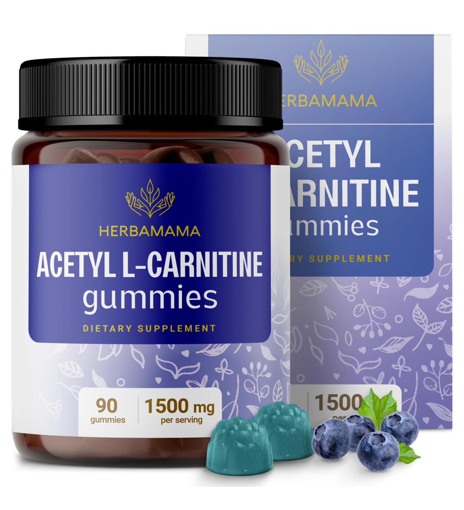Buy HERBAMAMA Acetyl L-Carnitine Energy Gummies - 1500 mg ALCAR for Women & Men - Vegan Gelatin-Free Non-GMO - 60 Blueberry Chews - International Shipping Available - Buy Online on GoSupps.com