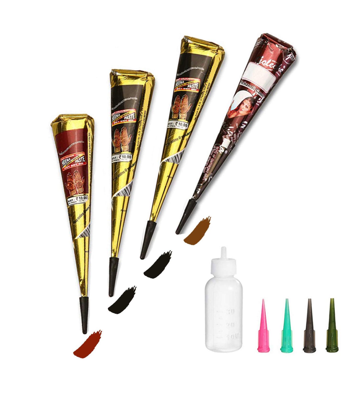 Temporary Tattoo Set - 4 Cones, 3 Colors (2 Black, 1 Brown, 1 Red) with 20 Adhesive Stencils for Body Art - Buy Online on GoSupps.com