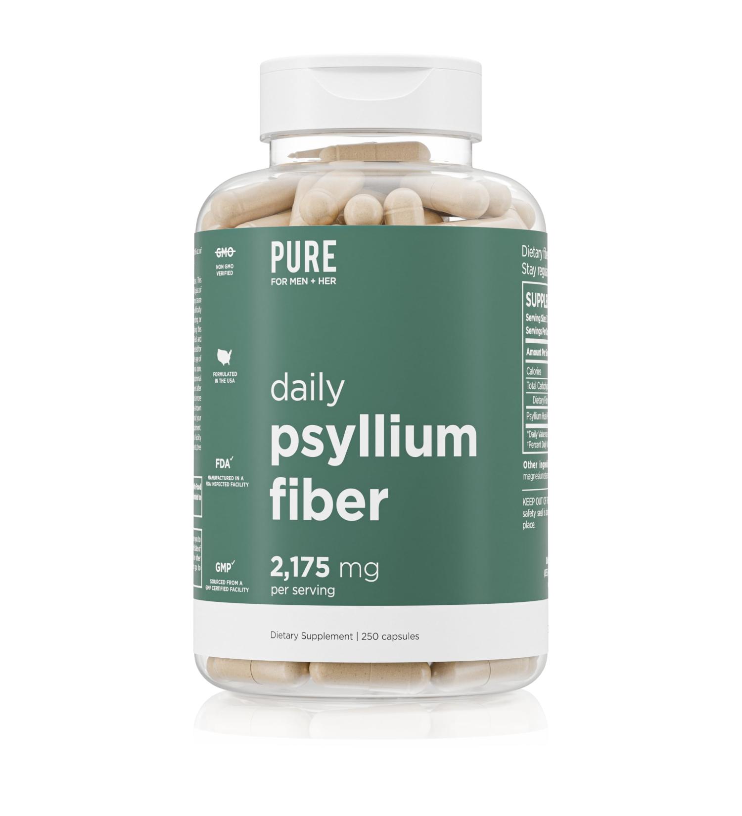 Daily Psyllium Husk Fiber Supplement by Pure for Men & Pure for Her | Digestive Regularity & Gut Health Support | Soluble Fiber Powder 2 175mg Per Serving | 250 Capsules 250 Count (Pack of 1) - Buy Online on GoSupps.com