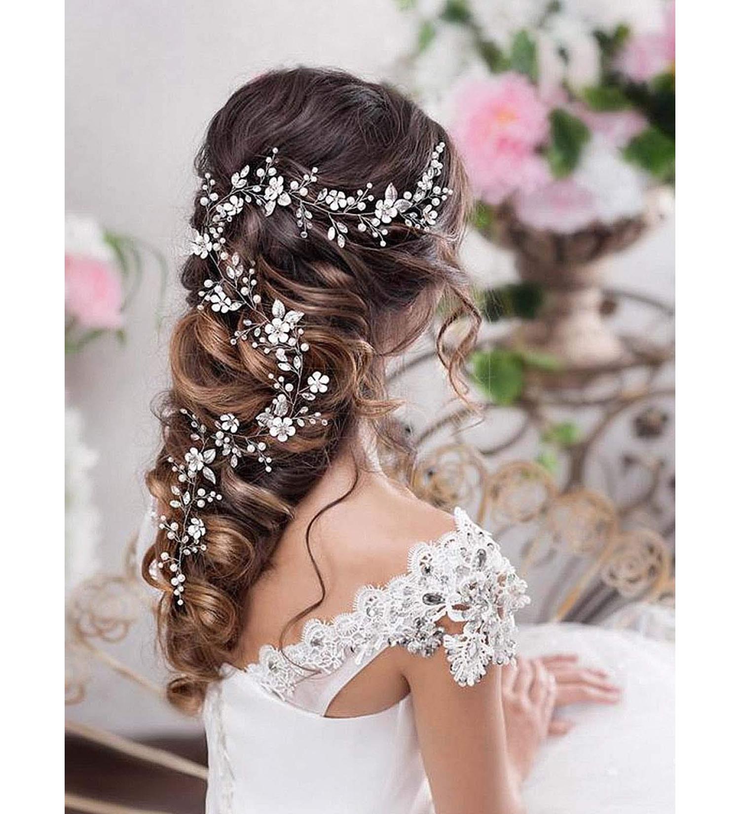 Catery Silver Crystal Pearl Hair Vine Headband for Bride Wedding - B-Silver-40CM - Buy Online on GoSupps.com