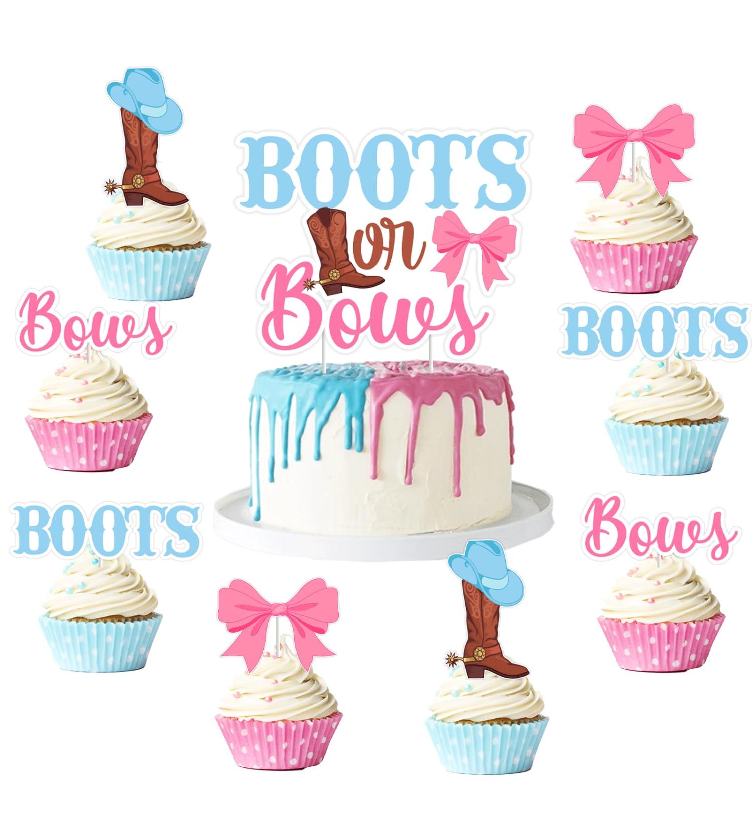 kreat4joy 25pcs Boots Or Bows Gender Reveal Decorations Double-Sided Printing Boots Or Bows Cake Topper Cupcake Toppers for Western Cowboy Cowgirl Gender Reveal Party Decorations - Buy Online on GoSupps.com