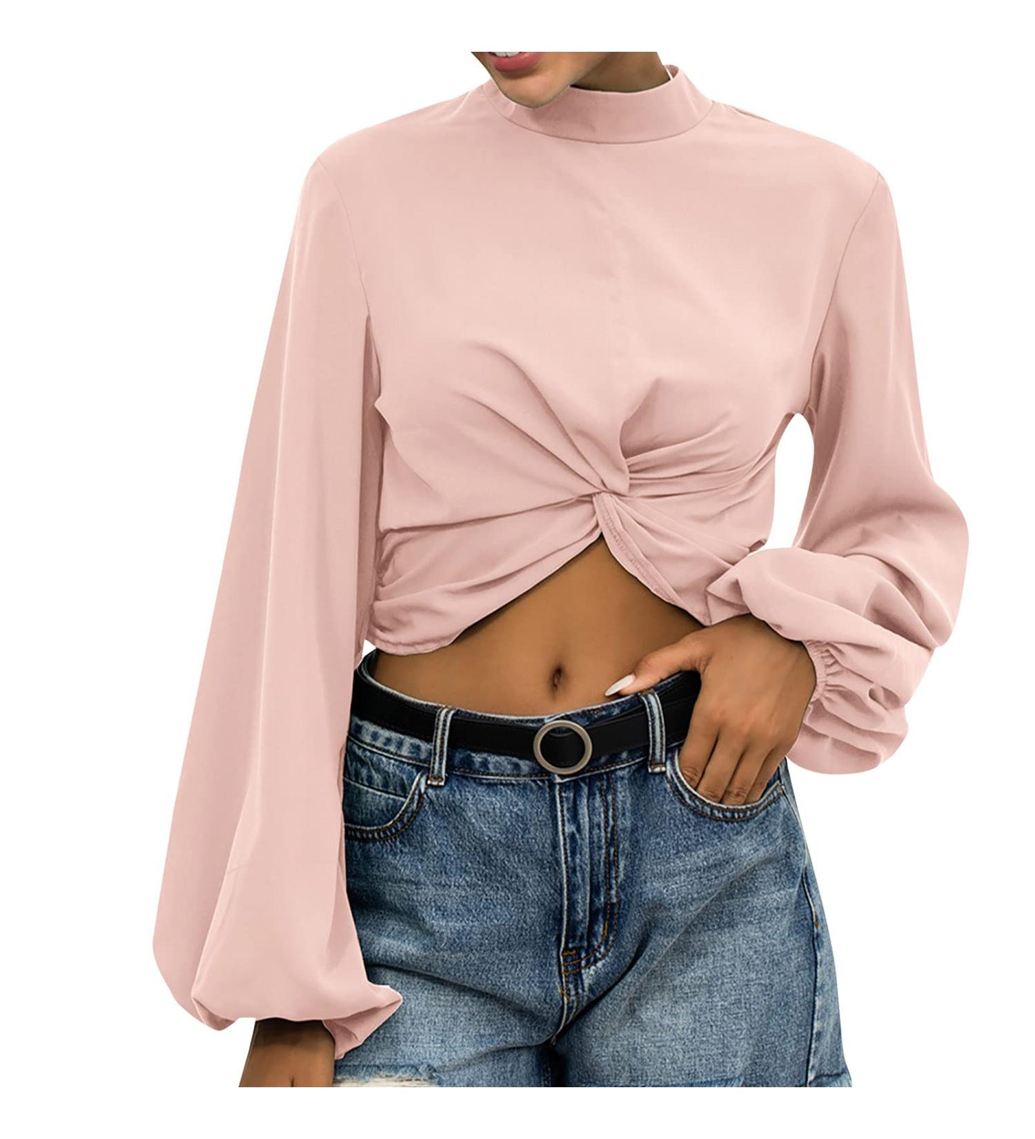 Trendy Lantern Sleeve Women's Pullover Shirt - Loose Fit Knot Front Turtleneck Sweatshirt in Solid Color - Large - A01 Pink - Buy Online on GoSupps.com