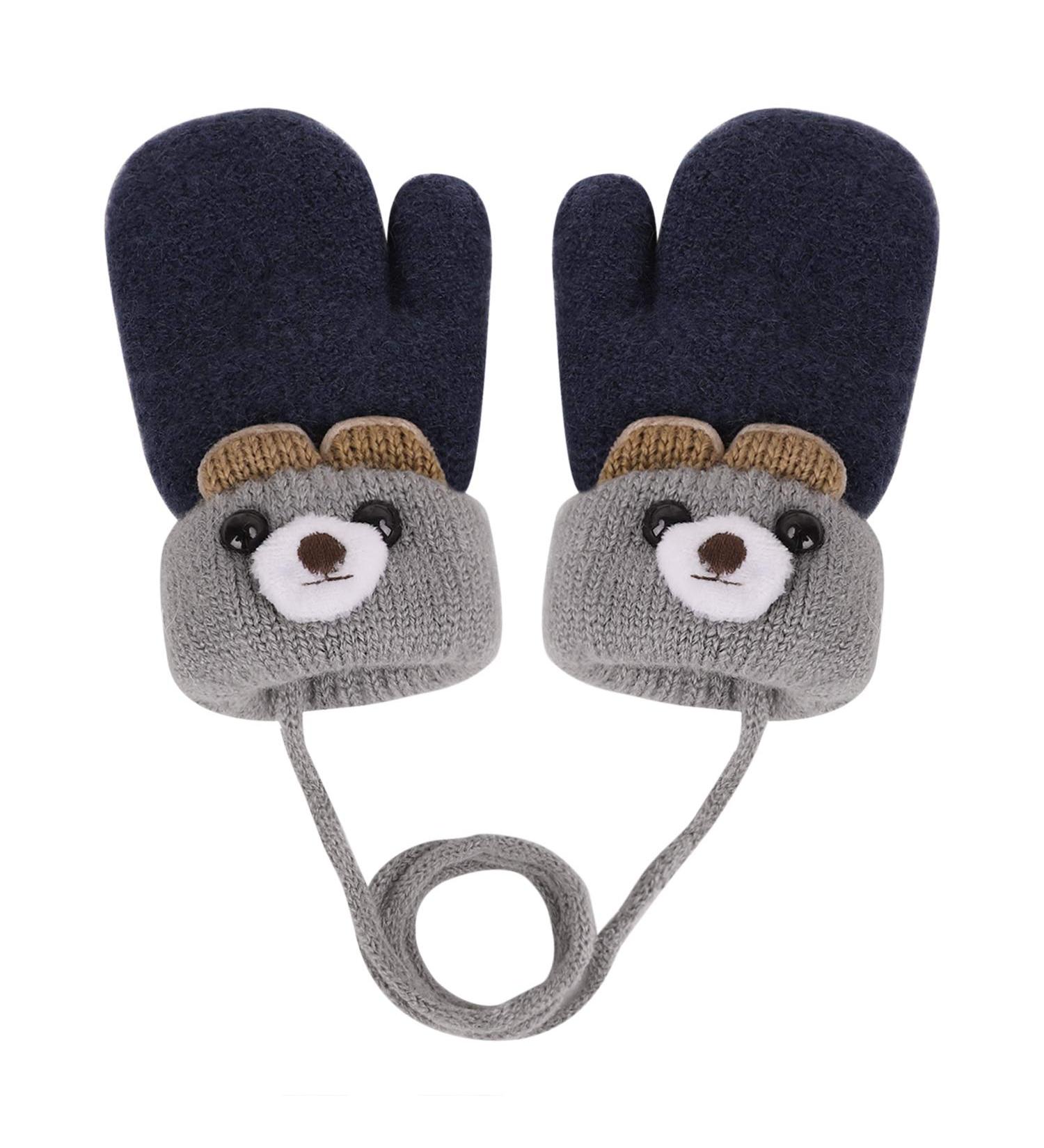 RUIXIA Kids Winter Knitted Bear Gloves | Cute Cartoon Hang Neck Mittens for Newborn Baby | Thicken Cashmere Thermal Mittens for Boys and Girls 0-3Y | Deep Blue - Buy Online on GoSupps.com