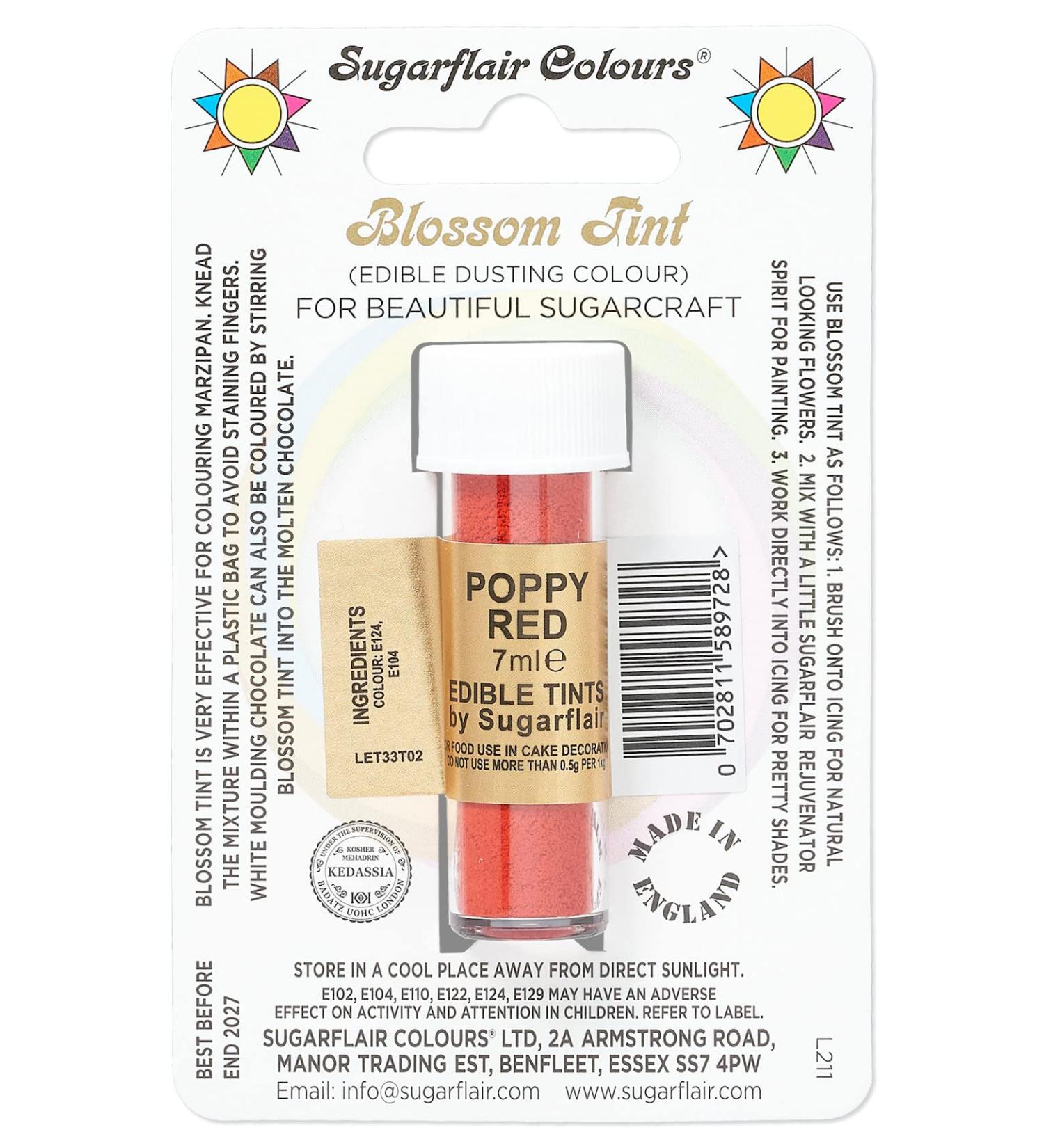Sugarflair Poppy Red Blossom Tint Food Colouring and Dusting Powder Matt Finish Brush On or Mix with Rejuvenator Spirit to Create a One of A Kind Cake - 7ml