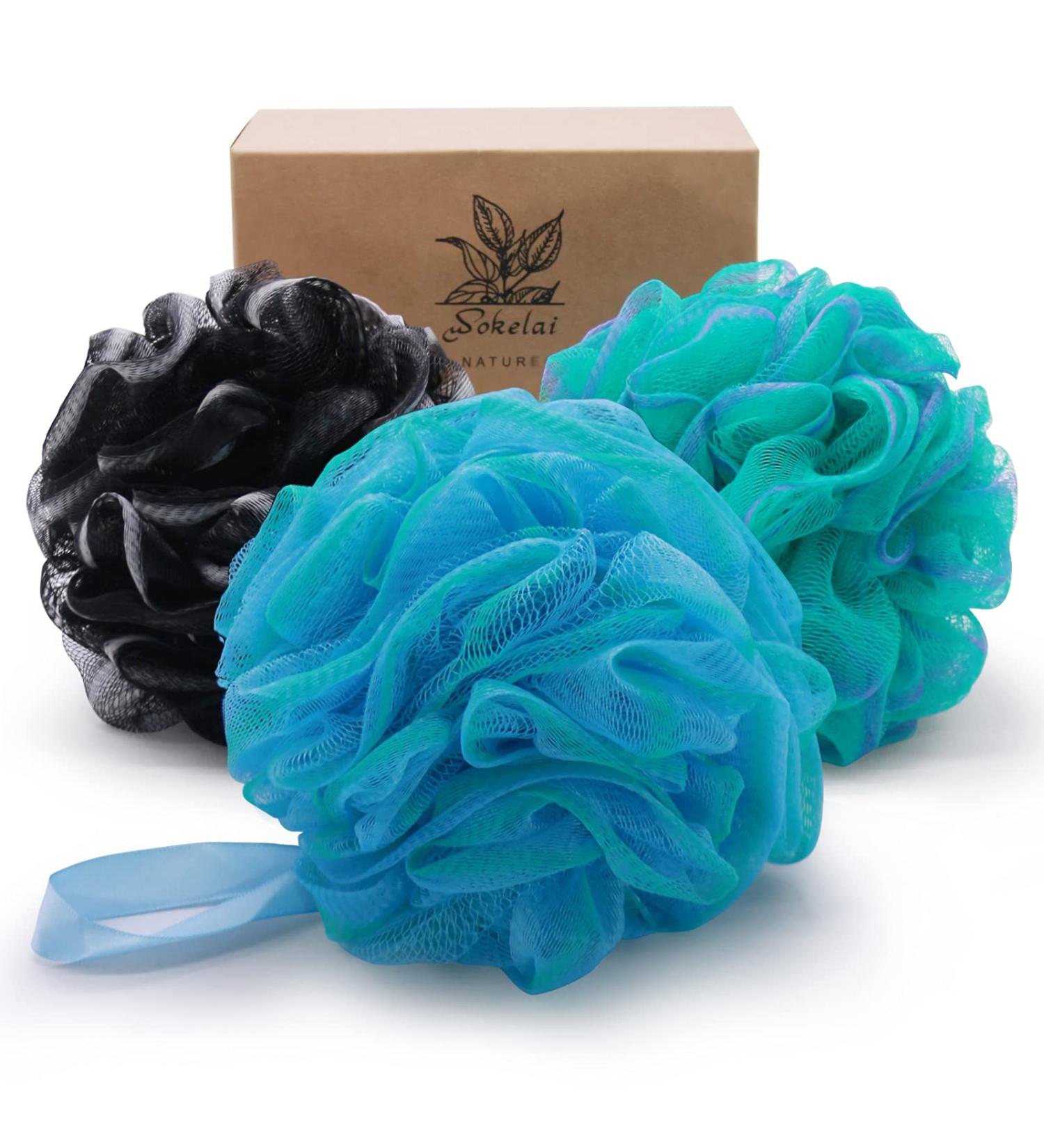 Large 75g XL Shower Loofah Sponge Bath Puff 3-Pack with Bamboo Charcoal - Gentle Exfoliating Body Scrubber for Women, Men, and Kids - Soft Mesh Pouf for Silky Smooth Skin Cleansing (Green) - Buy Online on GoSupps.com