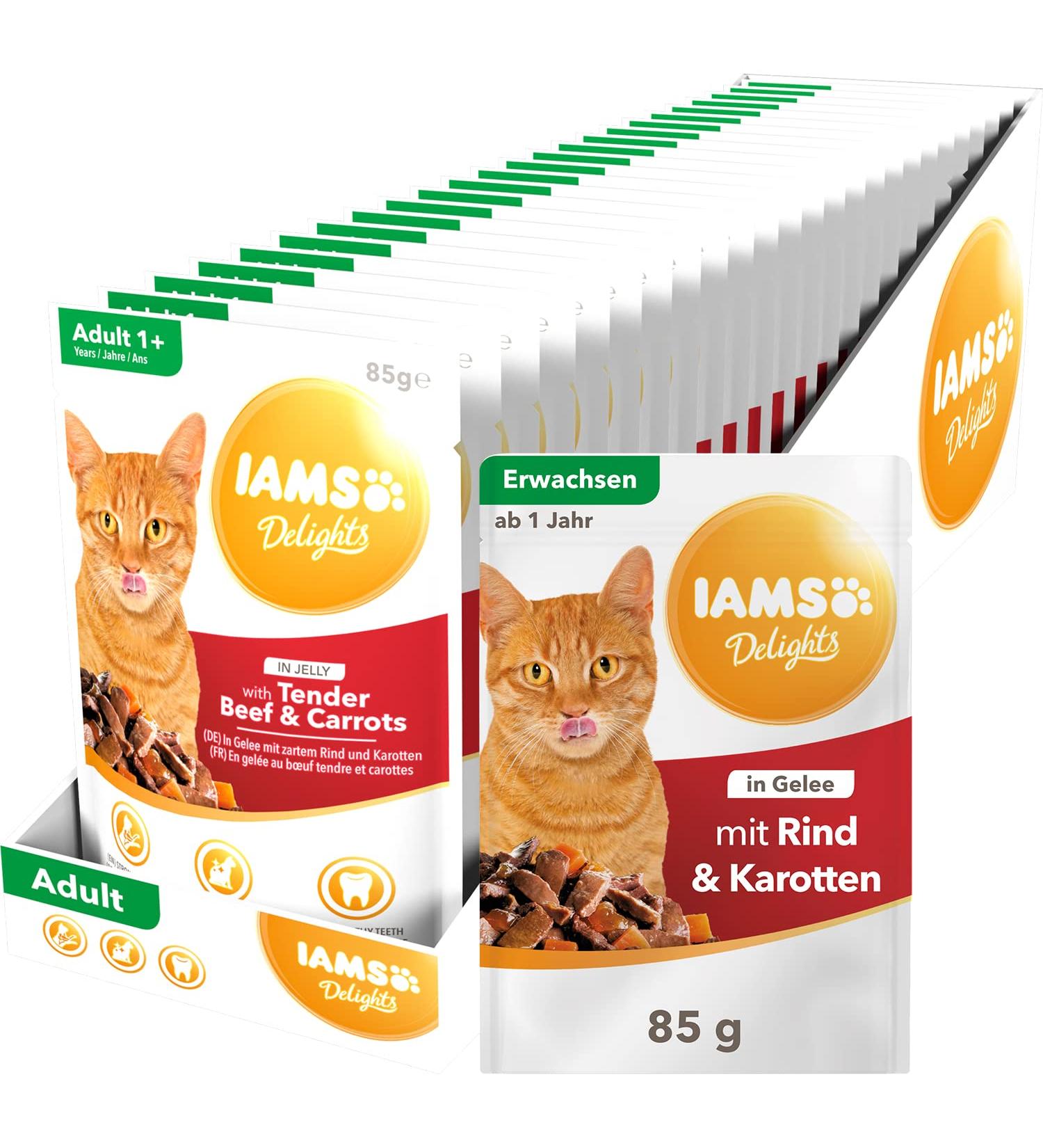 IAMS DELICIOUS Cat Food Wet with Juicy Beef & Carrots in Jelly - Adult Cat Full Meal - 24 x 85g Pack - Buy Online on GoSupps.com