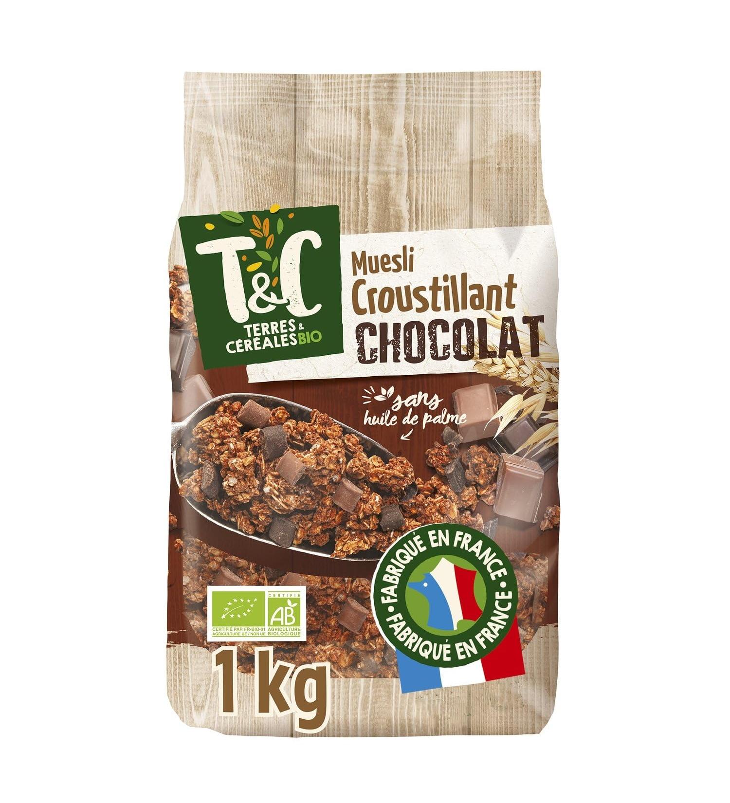 TERRES & CEREALES BIO Muesli Croustillant au Chocolat Bio Sans Huile de Palme Saveur Intense (Paquet 1kg) - Le Lot De 3