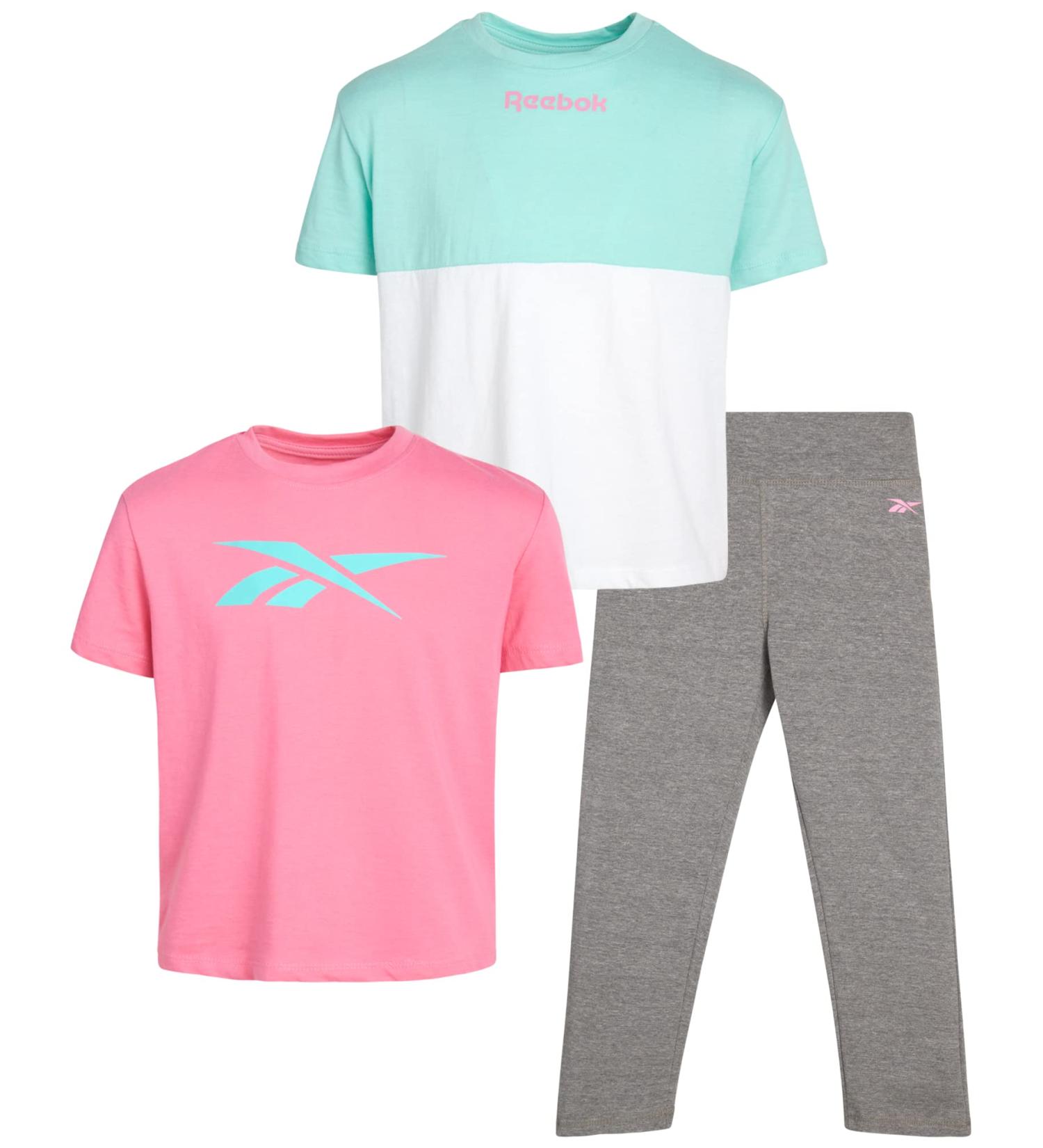 Reebok Girls' 3-Piece Active Leggings Set - Performance T-Shirt and Yoga Pants (Aruba Blue, Size 7) - Buy Online on GoSupps.com