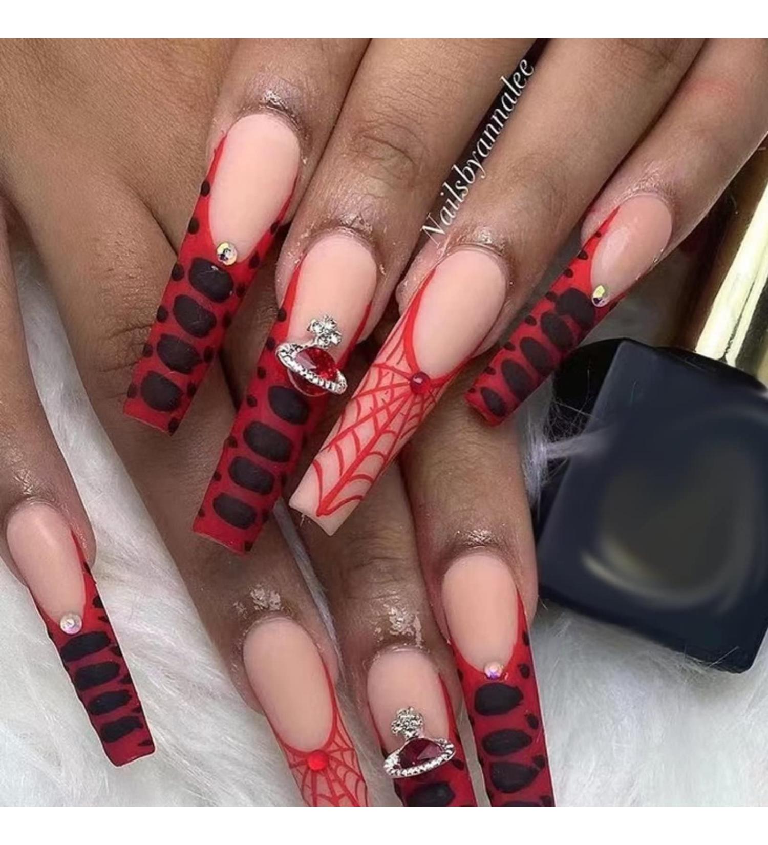 Runrayay Red French Press-On Nails with Planet Nail Rhinestones | Long Acrylic Coffin Nail Tips | 24-Part Full Cover Nail Art Kit for Women - Shop Internationally! - Buy Online on GoSupps.com