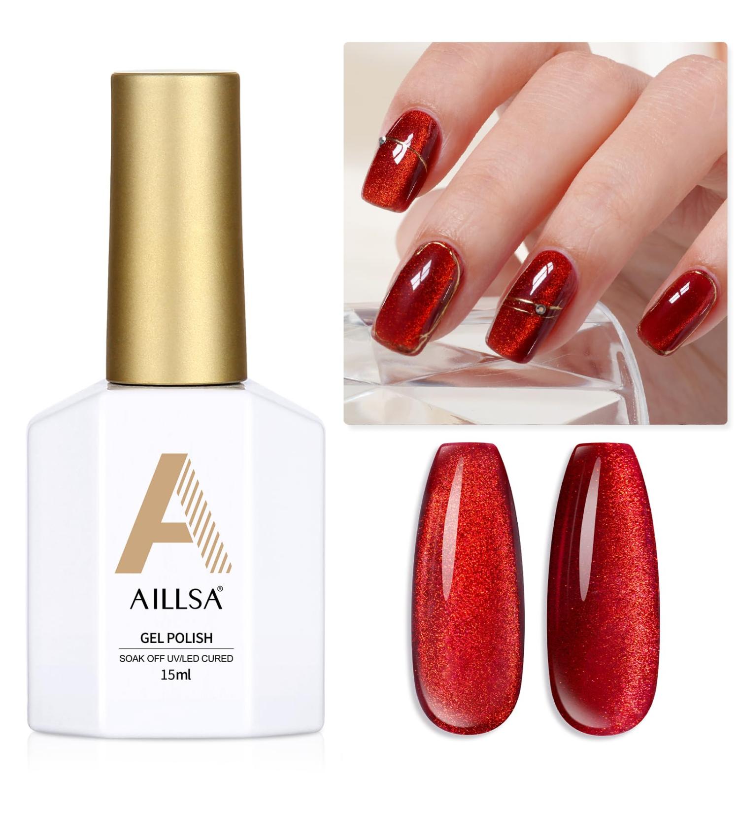 AILLSA Red Cat Eye Gel Polish - Burgundy Glitter & Crystal UV Nail Polish Holographic Reflective Color for DIY Nail Art (0.5 OZ - Buy Online on GoSupps.com