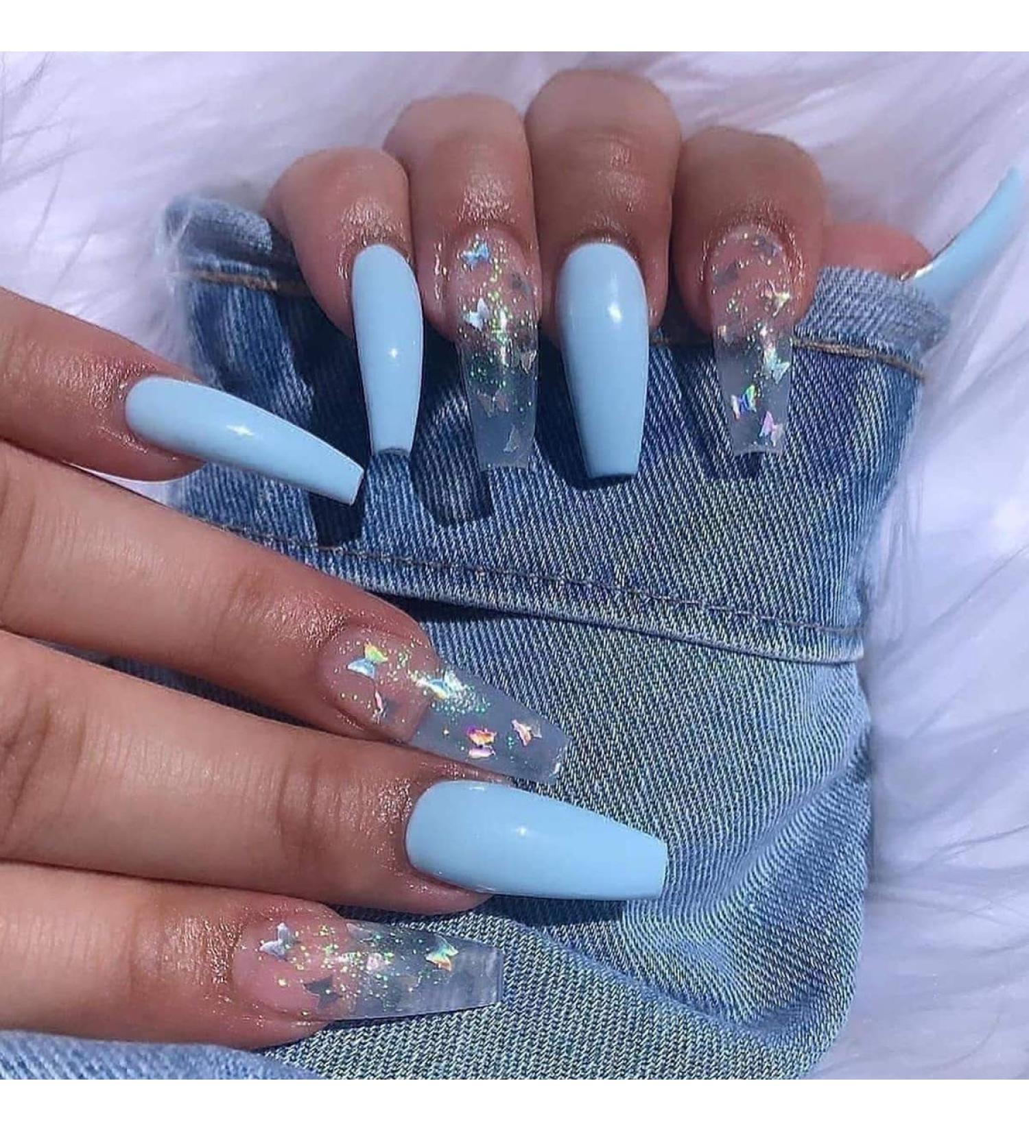 Coffin False Nails Blue Press on Nails Long Acrylic Stick on Nails 24pcs Glitter Design Fake Nails with Glue Sticker for Women and Girls Fashion Nail Tips Cool Nails (Laser Butterfly Blue)