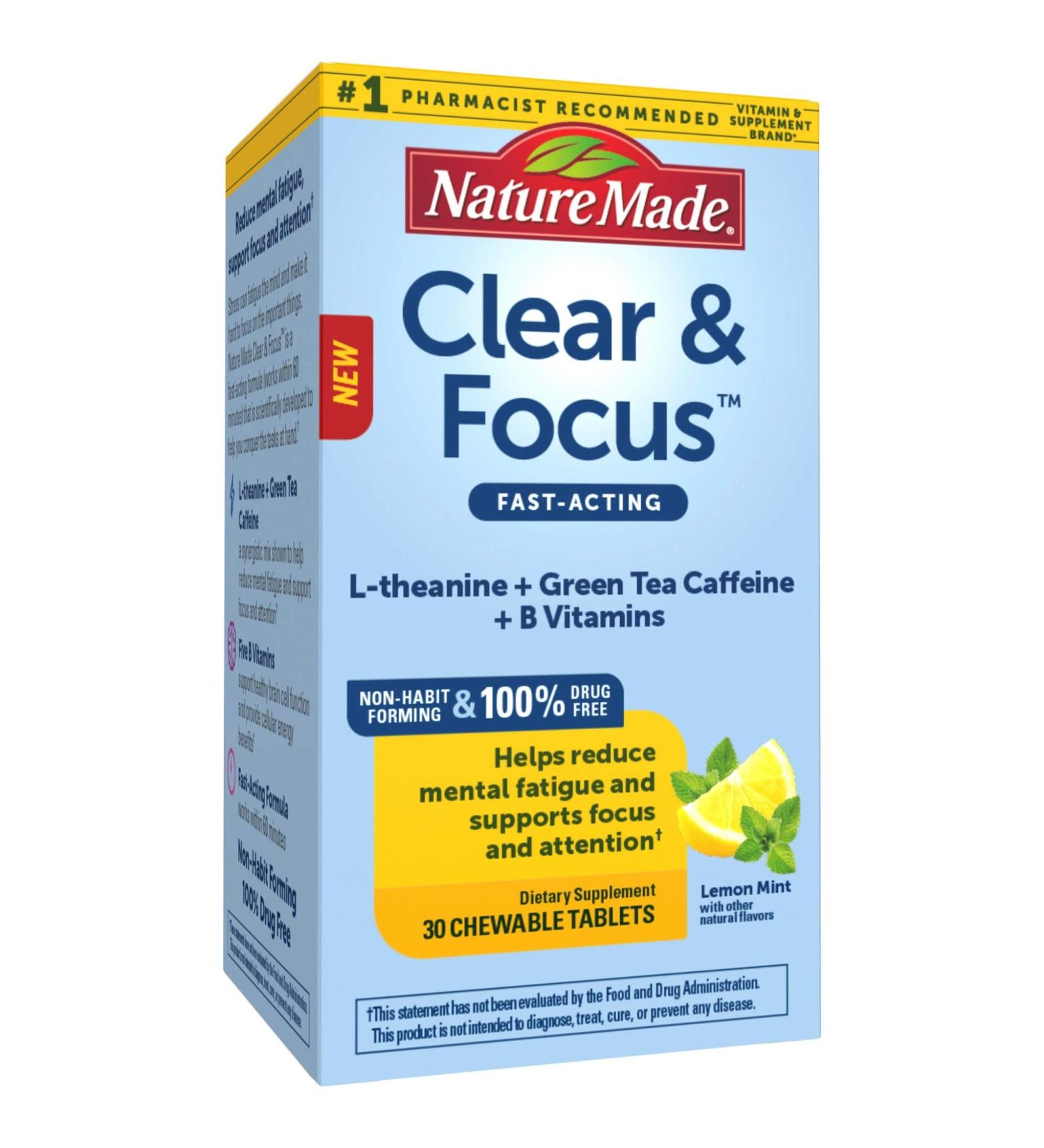 Nature Made Clear & Focus Chewable Tablets - L-Theanine, Low-Dose Green Tea Caffeine, B Vitamins for Energy Support - Lemon Mint, 30 Count - Buy Online on GoSupps.com
