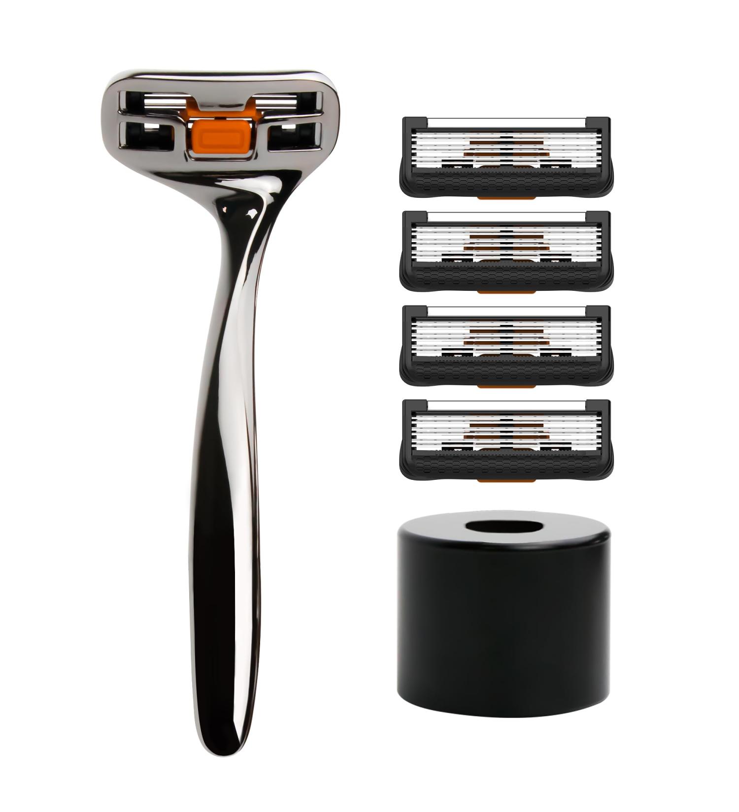 LILAC Heavyweight Metal Razor Kit for Men - 6 Blades Curved Handle & Sturdy Stand - Perfect Shaving Experience - Buy Online on GoSupps.com