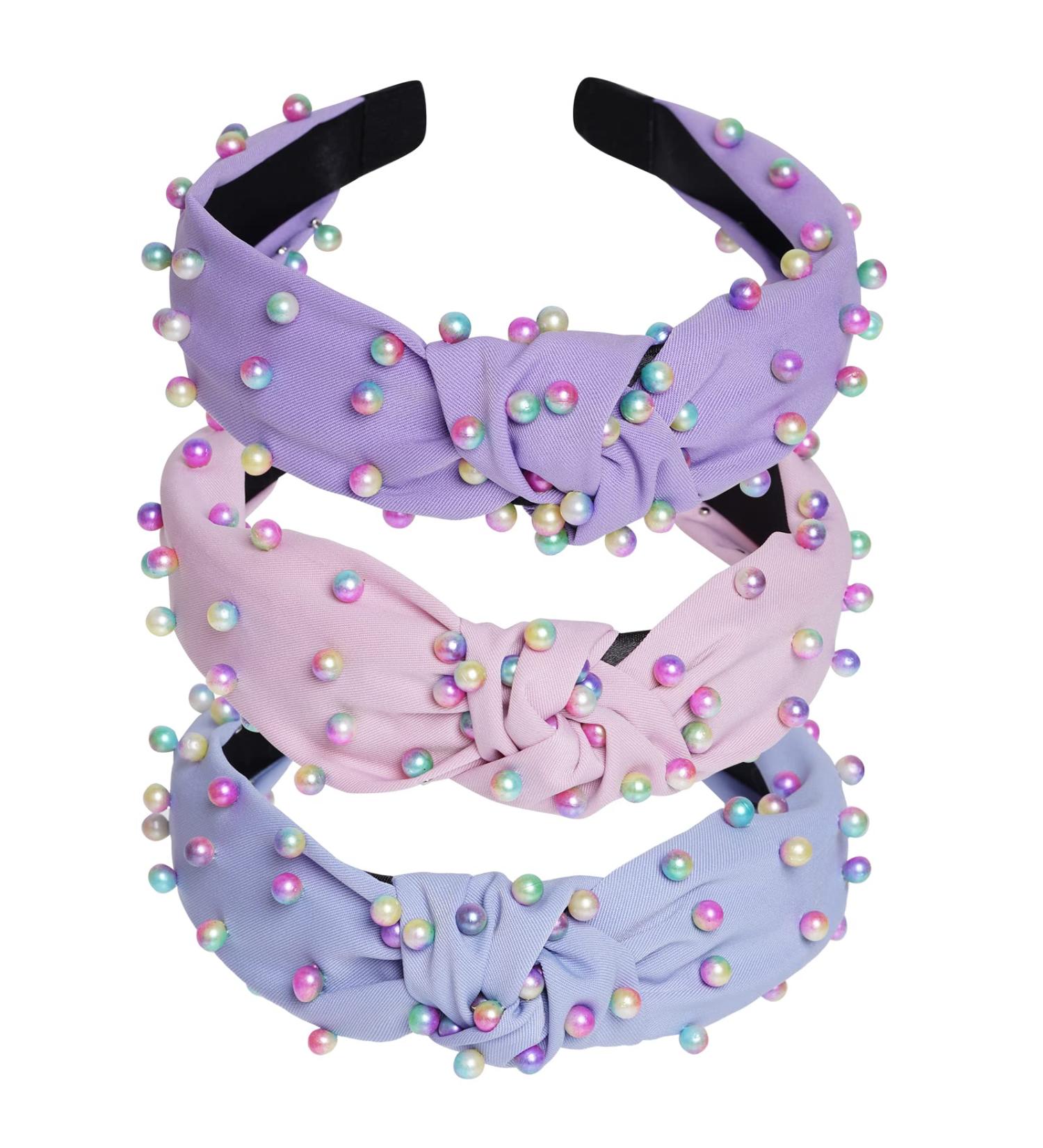 Sucrain 3 Pcs Colorful Pearl Knotted Headbands for Women & Girls - Jeweled Gem Embellished Hair Accessories (Pink Blue Purple) - Buy Online on GoSupps.com