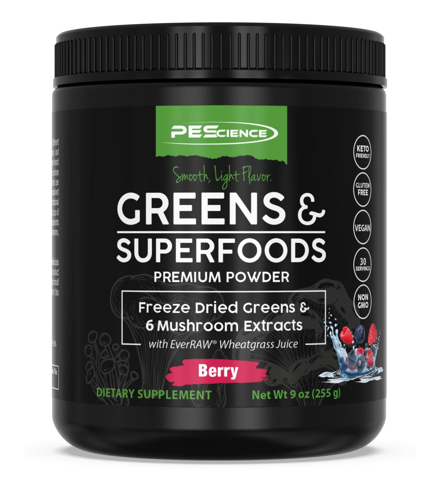 PEScience Greens Powder Superfood with Natural Chlorophyll Reishi & Turkey Tail Mushroom Powders Freeze-Dried Kale Spinach Broccoli Sprouts Berry Flavor 30 Servings - Buy Online on GoSupps.com
