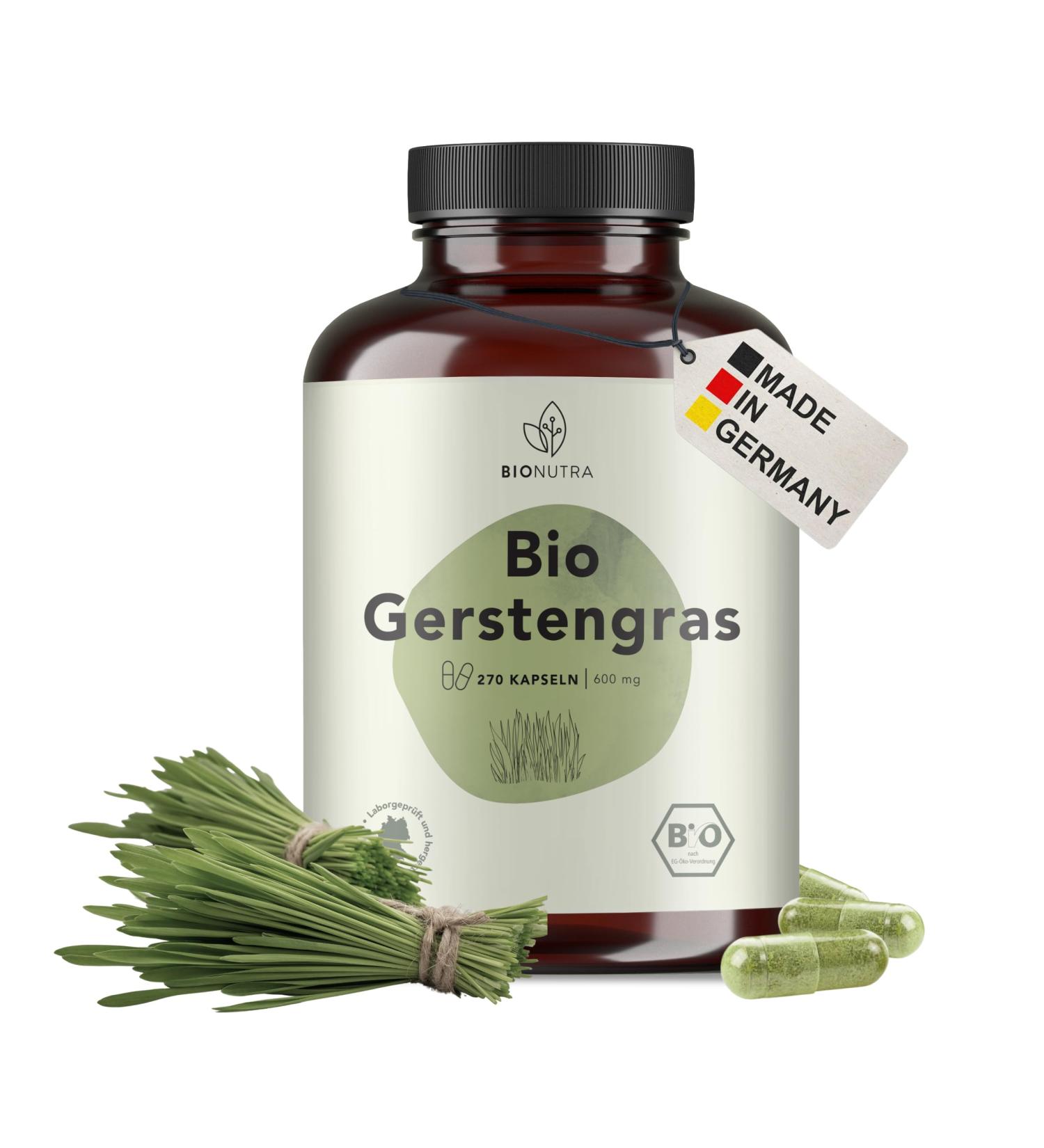 BIONUTRA Organic Barley Grass Capsules Highdose 4800 mg daily dose residuefree controlled German production vegan without additives organic barley grass powder 270 pieces x 600 mg 270 x 500 mg capsules - Buy Online on GoSupps.com