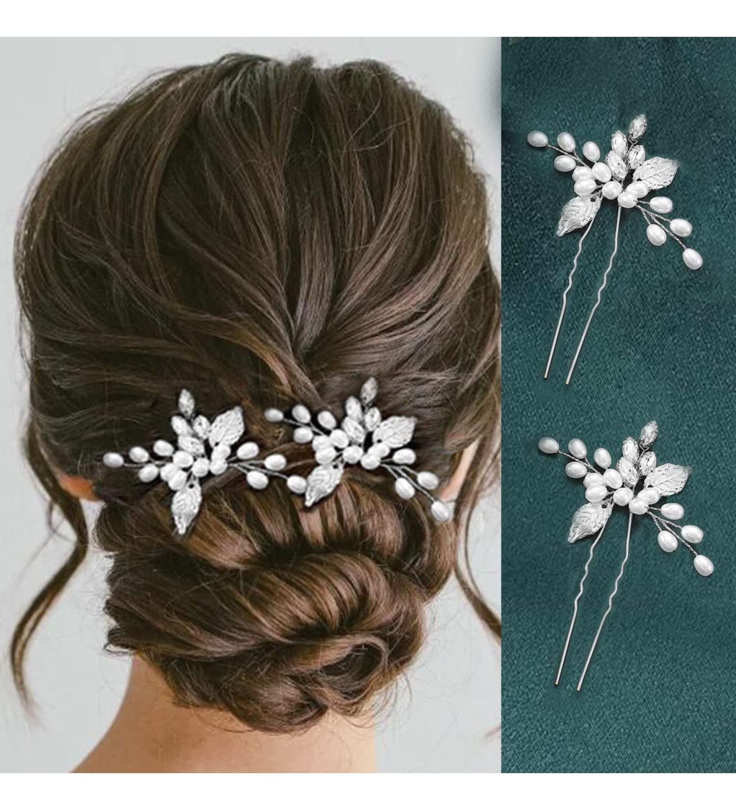 Heread Pearl Bride Wedding Hair Pins - Silver Crystal Bridal Hair Pieces for Women - Pack of 2 - Buy Online on GoSupps.com