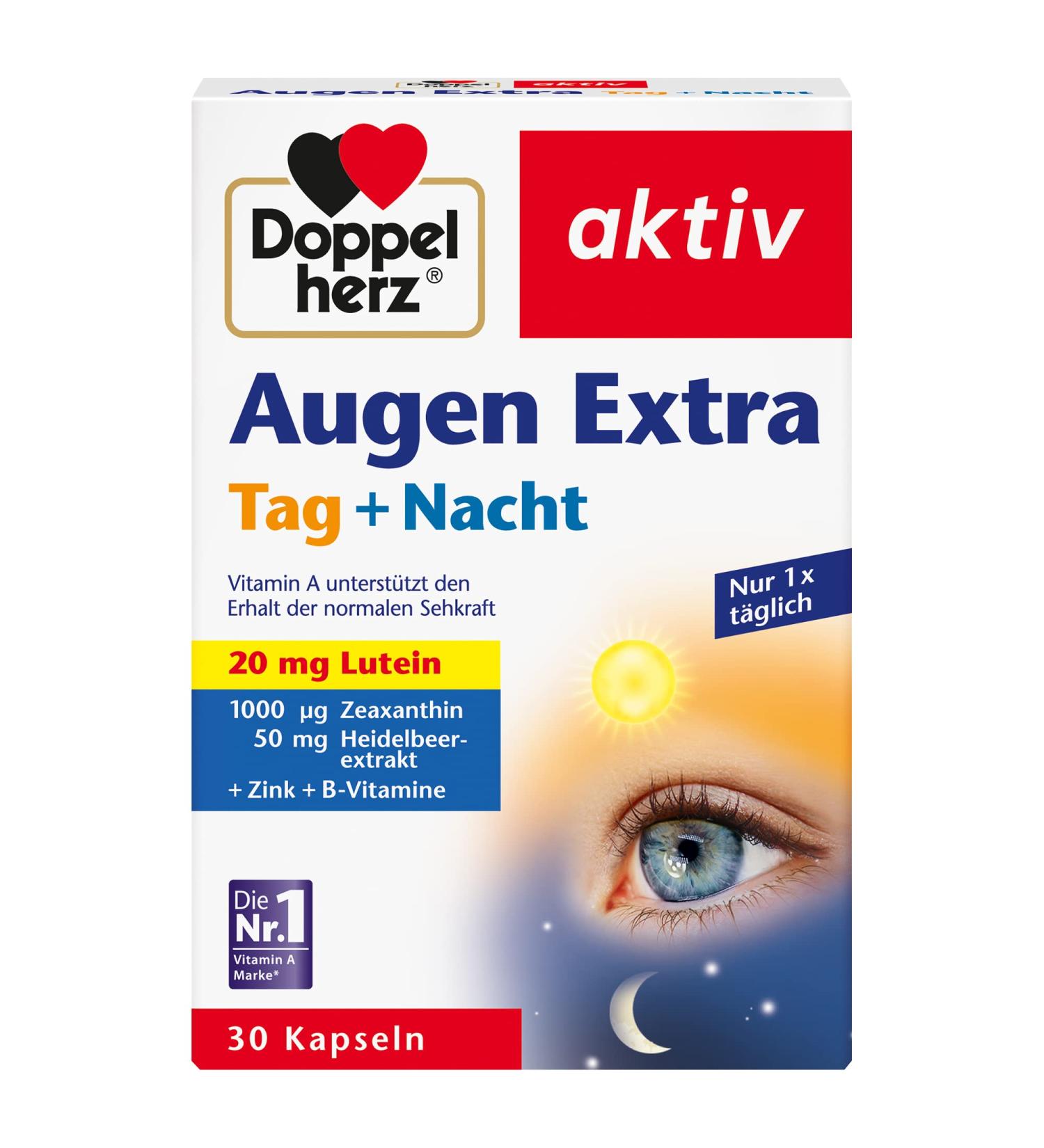 Doppelherz Augen Extra Day & Night - Lutein Zeaxanthin & 5 Vitamins + Folic Acid - 30 Capsules for Eye Health - Buy Online on GoSupps.com