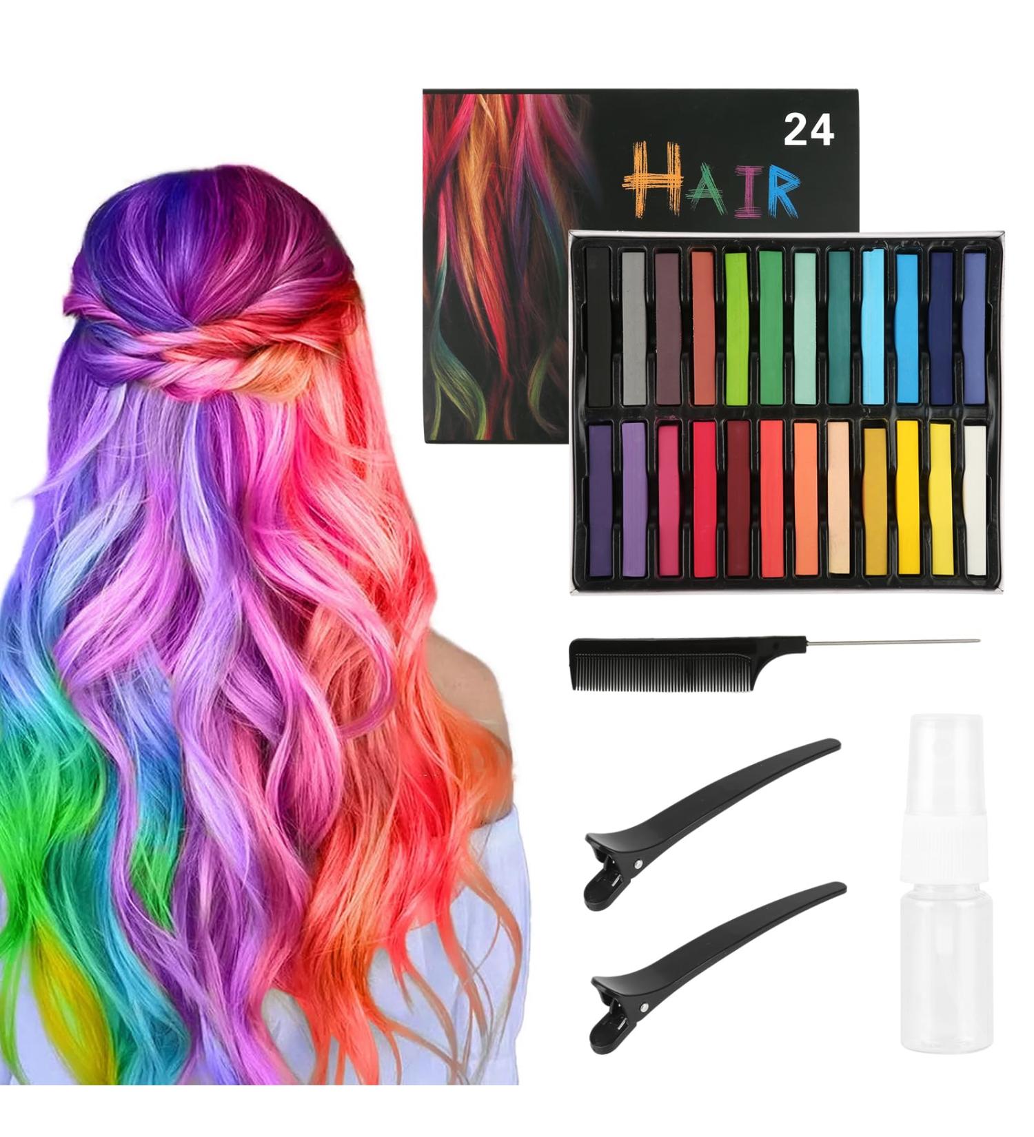 24 Color Hair Chalk Set for Girls - Washable Temporary Hair Color with Comb & Clips - Perfect Gift for Kids & Adults - Buy Online on GoSupps.com