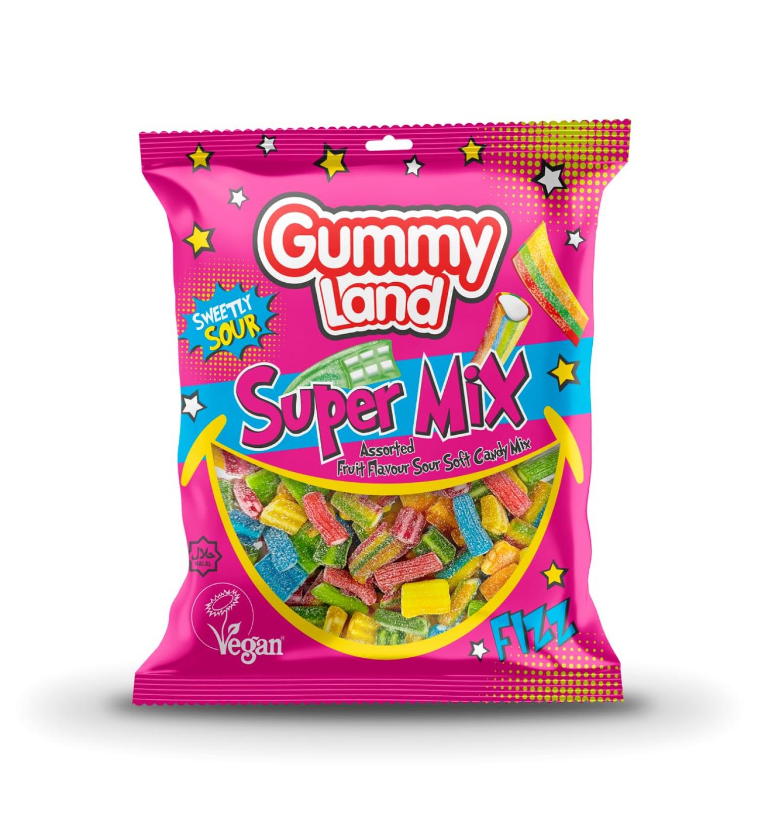 Gummy Land Assorted Fruit Flavour Sour Soft Candy Vegan Halal -500g (Pack of 9)