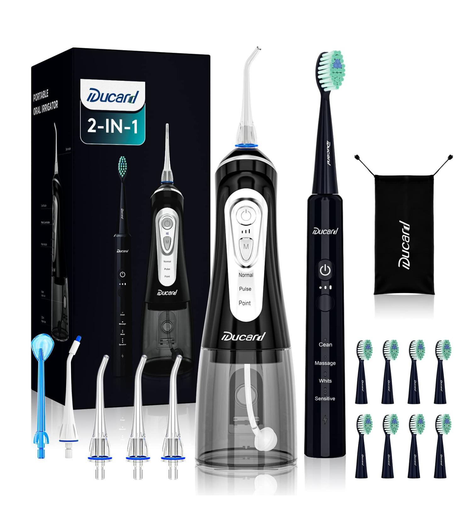 Ducard Electric Toothbrush with Water Flosser Combo | 9 Brush Heads, 5 Tips | 320ML IPX7 Waterproof Teeth Cleaner | Cordless & Portable | Home & Travel Use (Black) - Buy Online on GoSupps.com