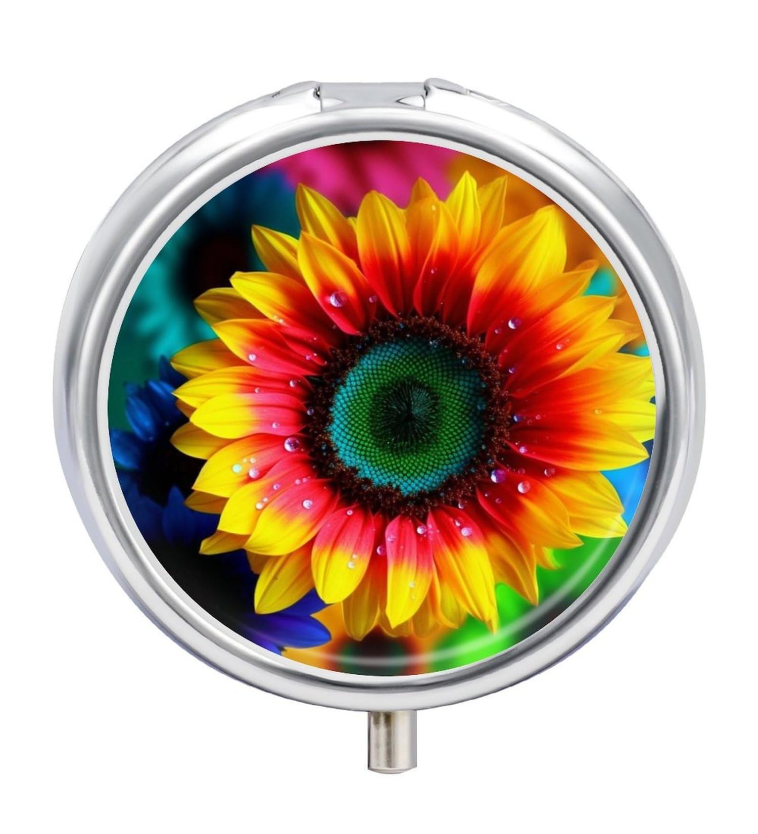 Travel Pill Box Organizer - 3 Compartment Rainbow Sunflower Case for Purse & Pocket - Buy Online on GoSupps.com