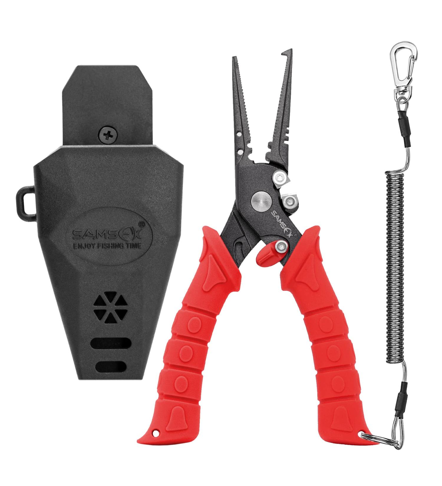 SAMSFX 7.5 inch Fishing Pliers, Stainless Steel Hook Remover Fishing Gear, Tungsten Carbide Cutters, Corrosion Resistant Teflon Coating Red Handle, Split Ring Nose